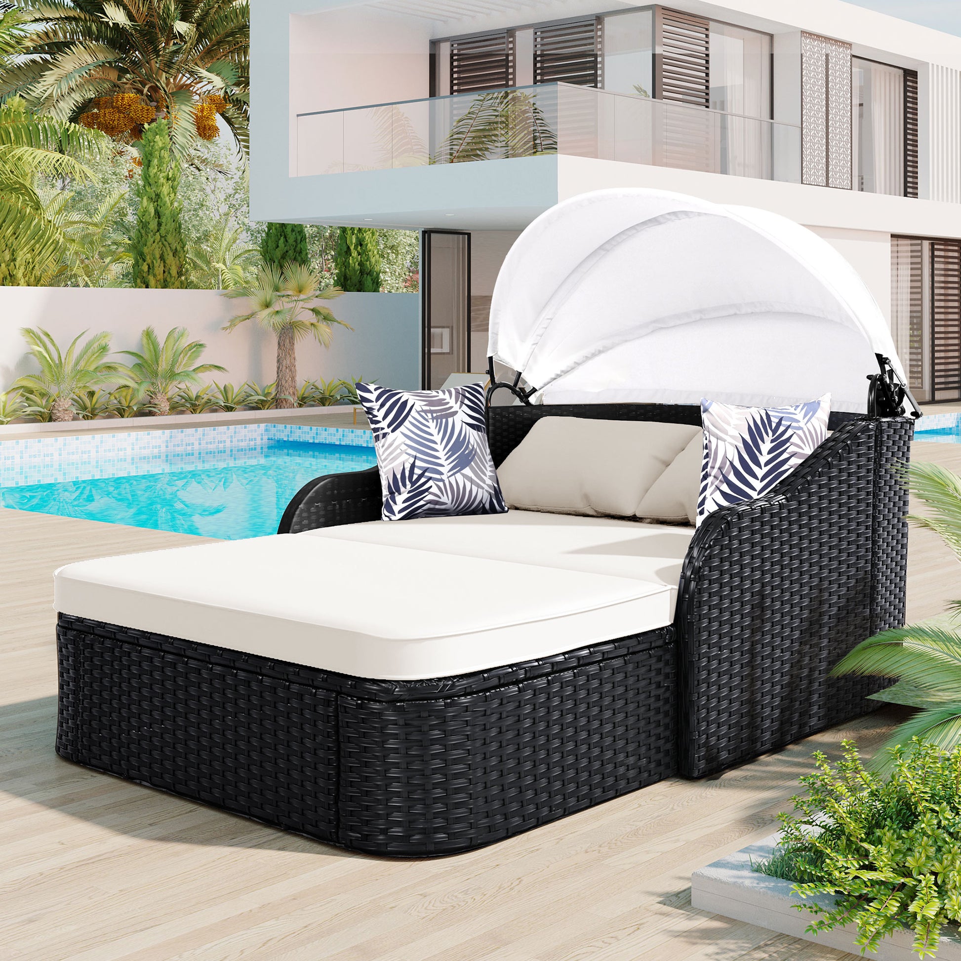79.9" Outdoor Sunbed With Adjustable Canopy, Double Lounge, Pe Rattan Daybed, Black Wicker And Beige Cushion Yes Beige Black Wicker