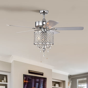 52'' Classical Crystal Ceiling Fan Lamp 3 Speed Hand Pull Chain High, Mid, Low , 5 Reversible Blades For Living Room, Dining Room, Bedroom, Family Room, Chrome ,3Pcs*E12 No Include Bulb Chrome American Traditional,Antique,Classic,Contemporary Crystal