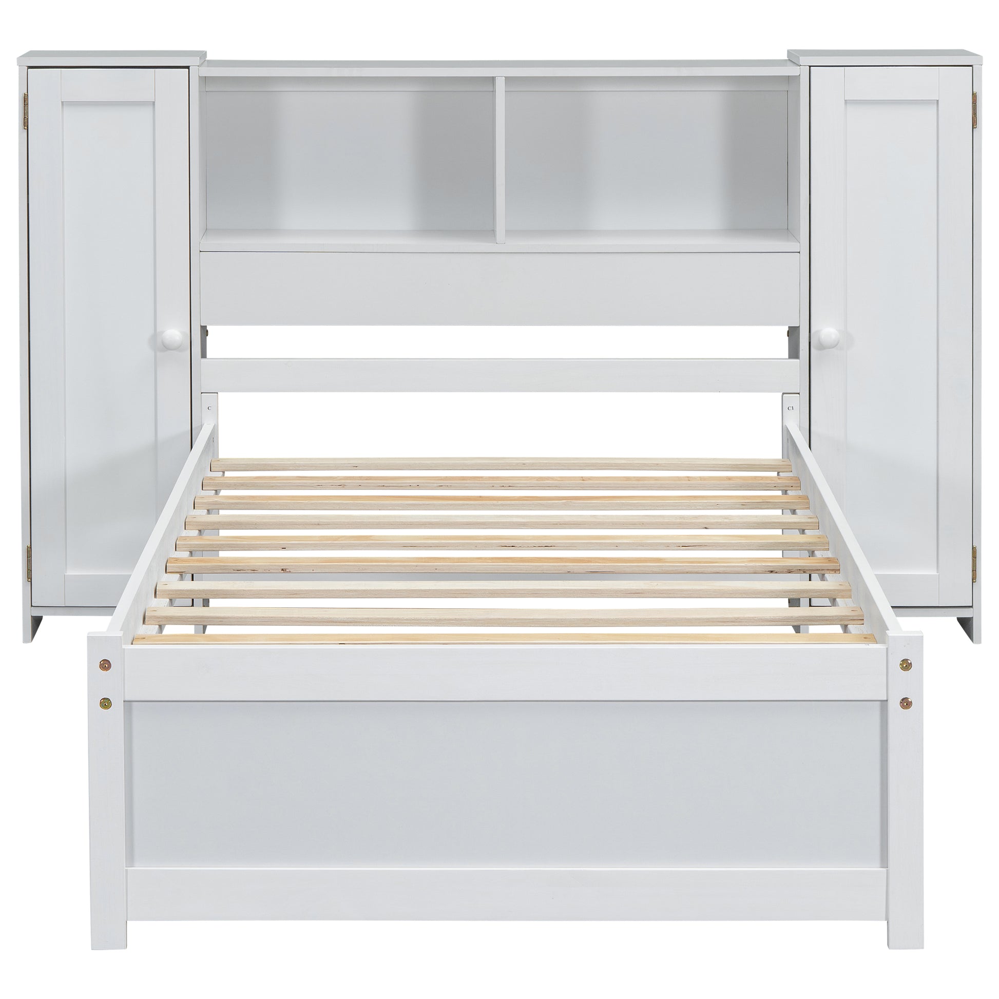 Twin Size Platform Bed With Storage Headboard And Lockers, White Twin Box Spring Not Required White Wood Bedroom Solid Wood Mdf