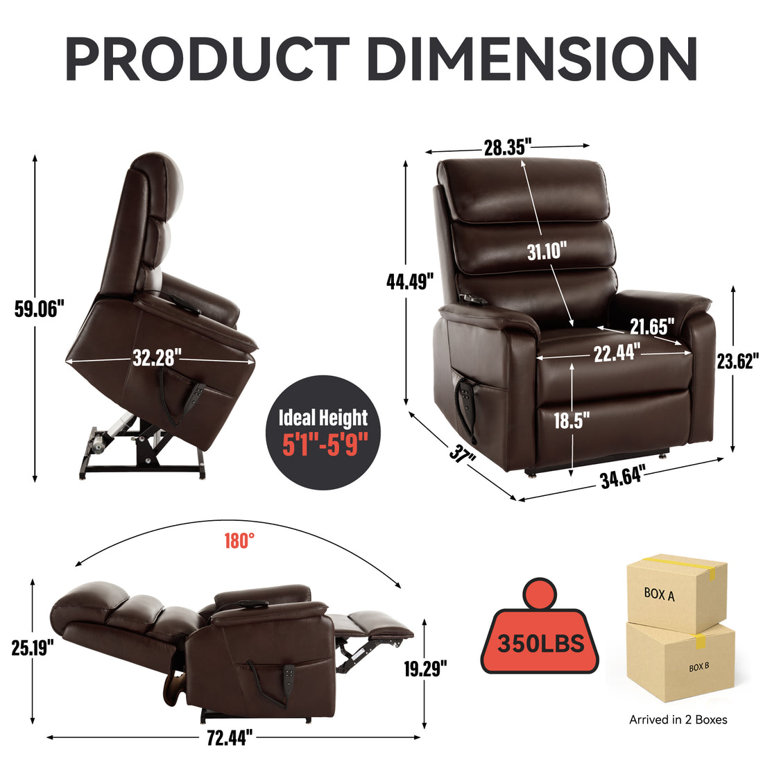 Brown Leatheraire Dual Motor Infinite Position Up To 350 Lbs Power Lift Recliner Chair With Power Remote, Heat Massage And Heavy Duty Motion Mechanism White Metal Primary Living Space Heavy Duty