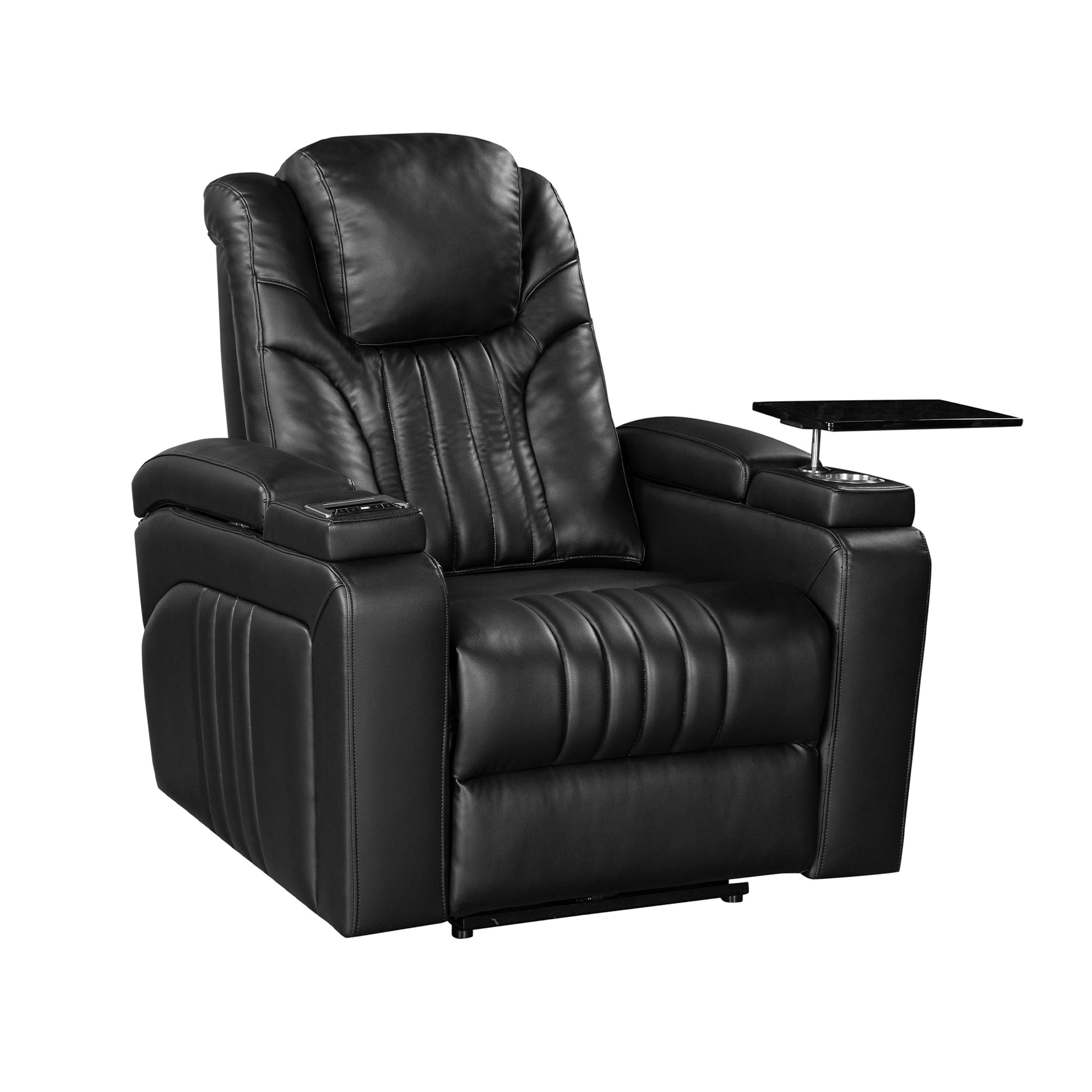 Pu Leather Power Recliner Home Theater Recliner With Power Adjustable Headrest, Wireless Charging Device, Usb Port, Storage Arms, Cup Holder And Swivel Tray Table For Living Room, Black Black Foam Pu Leather