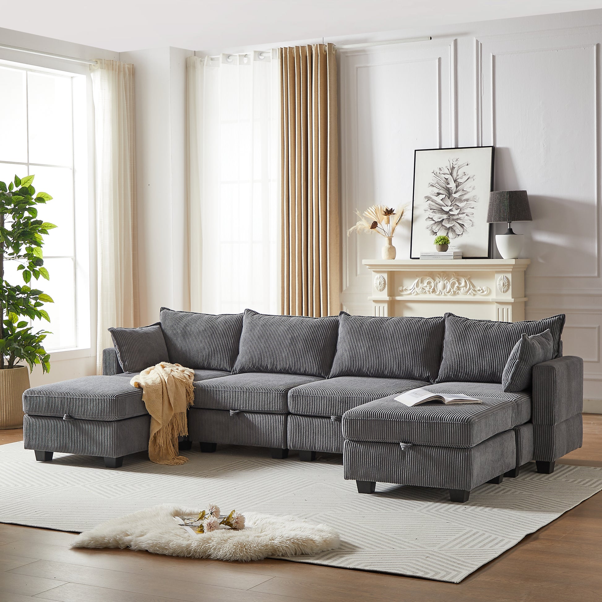113.5'' Modular Sectiona Corduroy Sofa, Sectional Couches For Living Room U Shaped Sectional Couch With Storage Ottoman, 6 Seats Convertible Sectionals With Chaise Dark Gray Corduroy 6 Seat