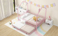 Full Size Metal House Bed With Fence, With Trundle, Pink Full Pink Metal