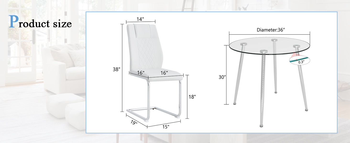 A Modern Minimalist Round Transparent Tempered Glass Table With Silver Metal Legs And 4 Modern Pu Leather High Backed Dining Chairs For A Luxurious Experience. White Seats 4 Glass Metal