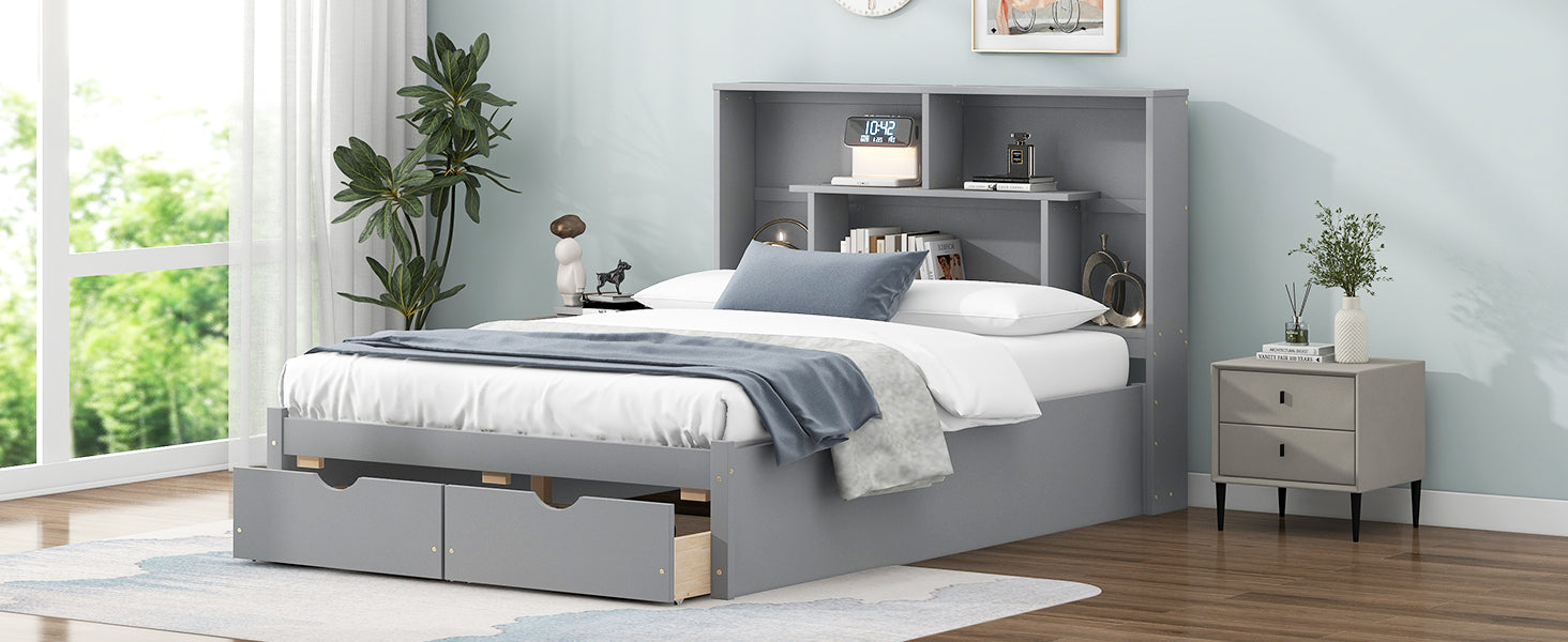 Full Size Platform Bed With Storage Headboard And 2 Drawers, Gray Box Spring Not Required Full Gray Wood Bedroom Bed Frame Solid Wood Mdf