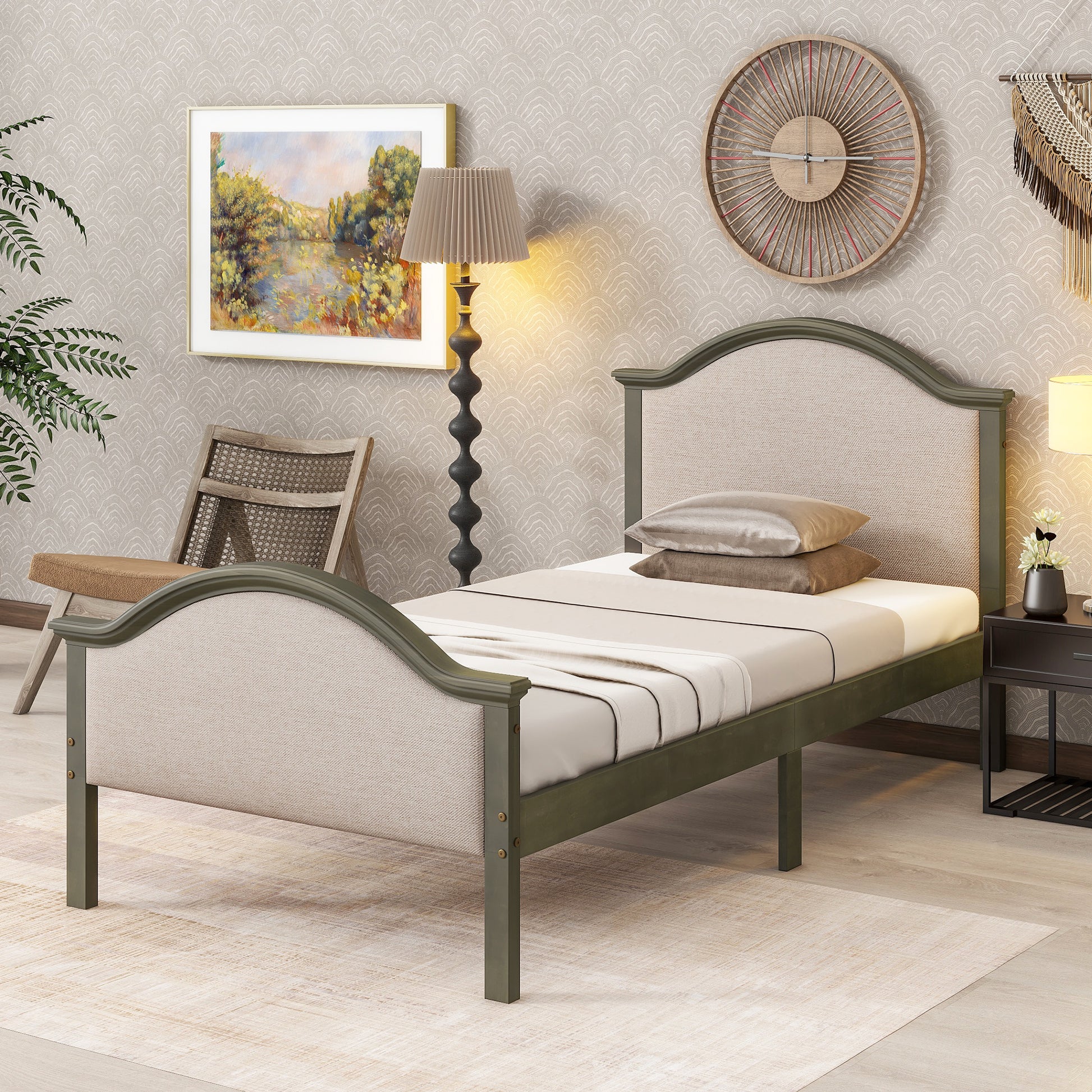 Twin Size Bed Frame With Headboard And Footboard, Upholstered Twin Platform Bed With Strong Wooden Slats Support,Grey Twin Grey Bedroom American Design Pine