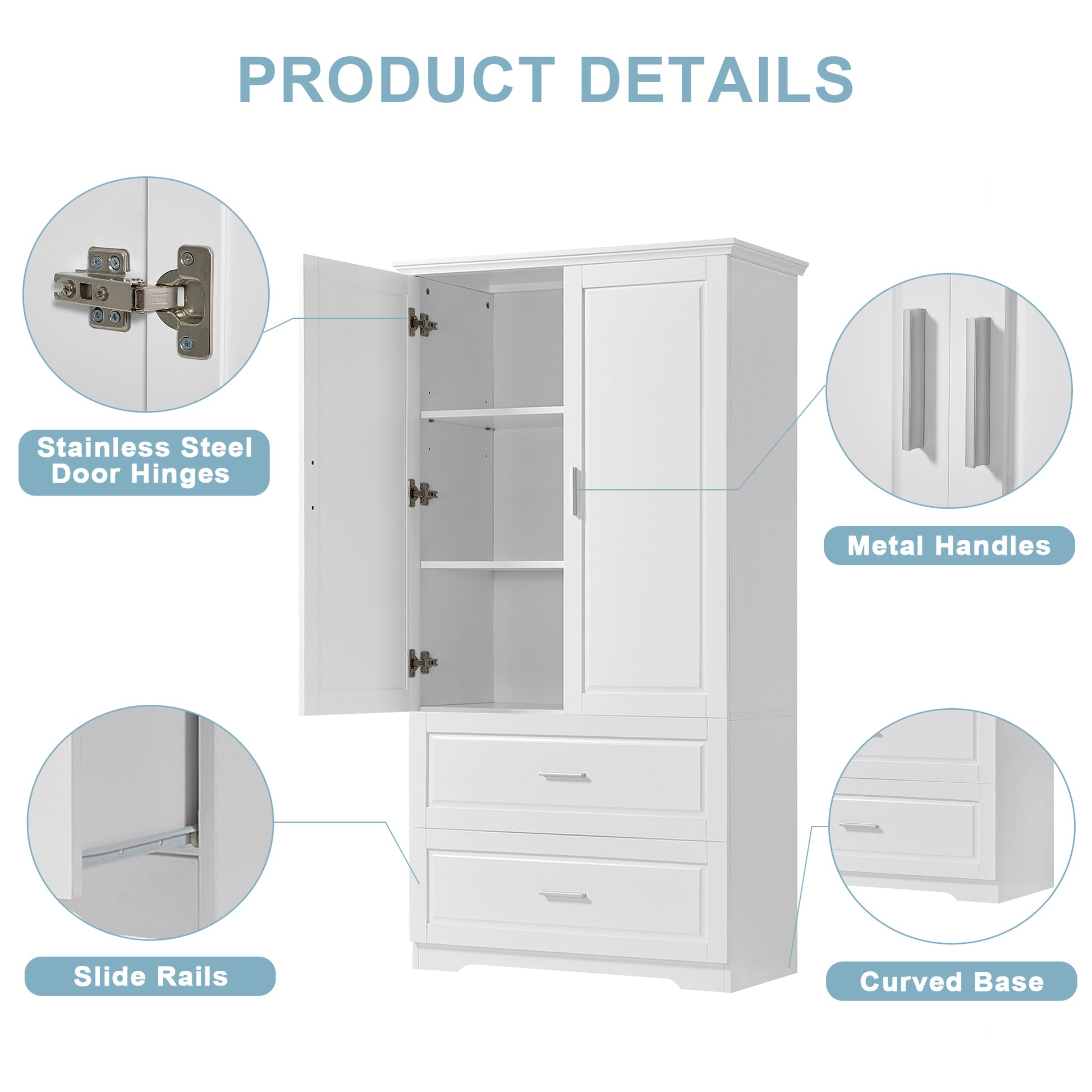 Tall Bathroom Storage Cabinet, Cabinet With Two Doors And Drawers, Adjustable Shelf, Mdf Board, White White Mdf