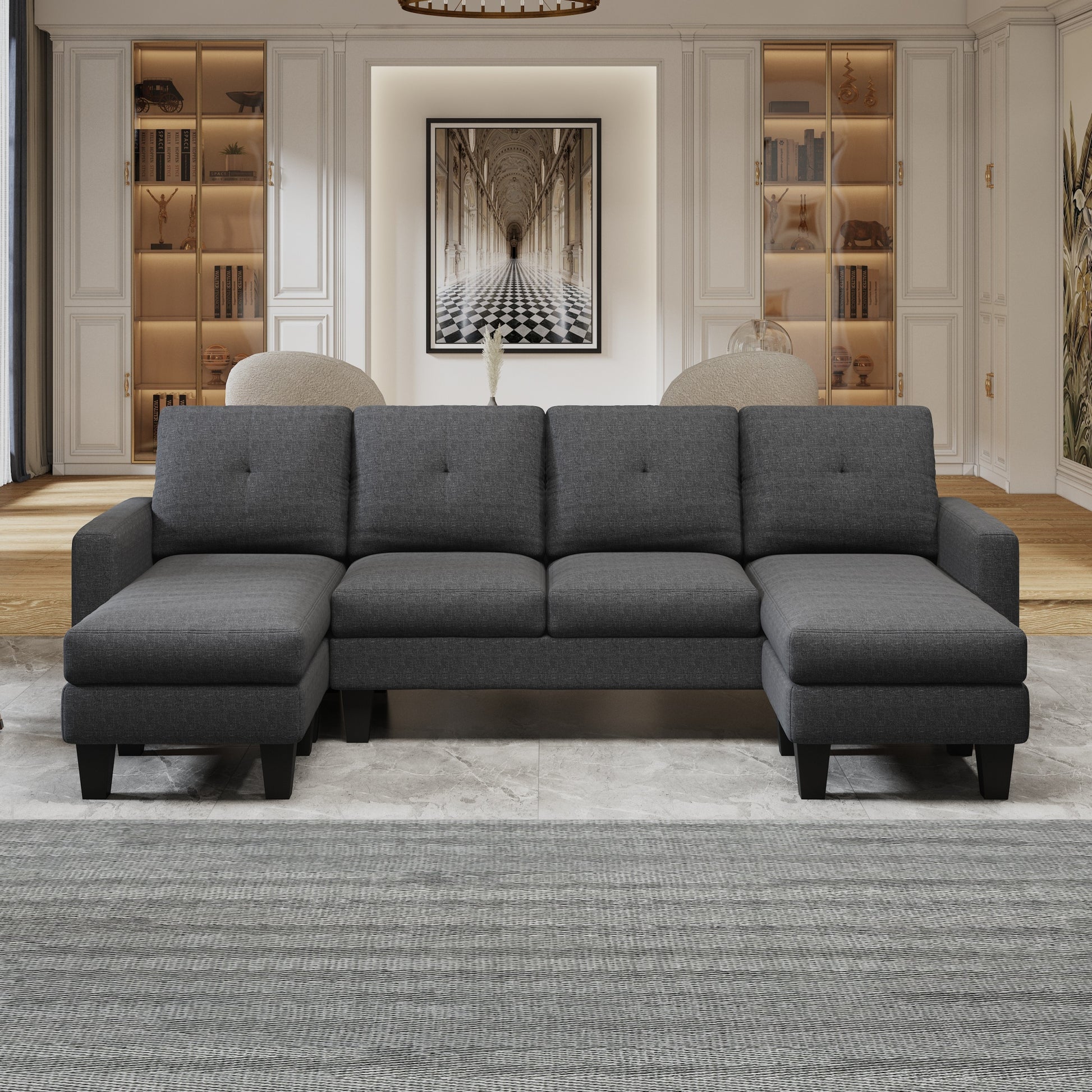 U Shaped Sofa Coch 4 Seat Sofa With Chaise Polyester Fabric For Living Room Apartment Office Dark Grey Dark Grey Linen Wood Primary Living Space Soft Eucalyptus Foam Linen 4 Seat