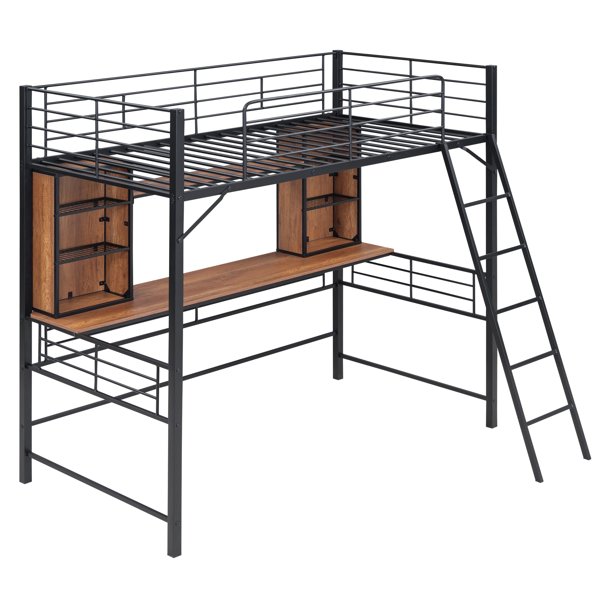 Twin Size Loft Bed With Desk And Shelfloft Bed With Ladder,Twin,Black Twin Black Metal