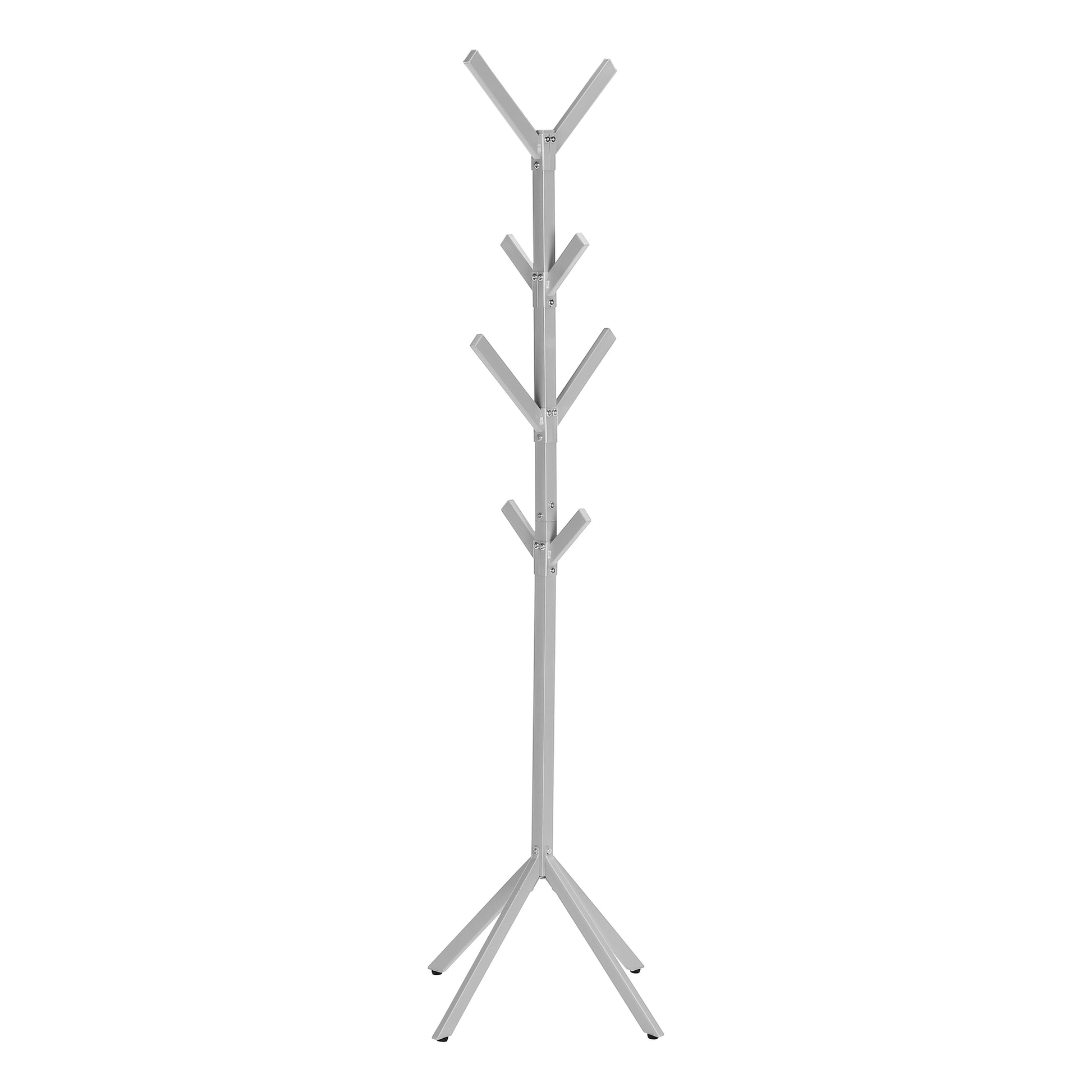 Coat Rack, Hall Tree, Free Standing, 8 Hooks, Entryway, 70"H, Bedroom, Grey Metal, Contemporary, Modern Silver Metal