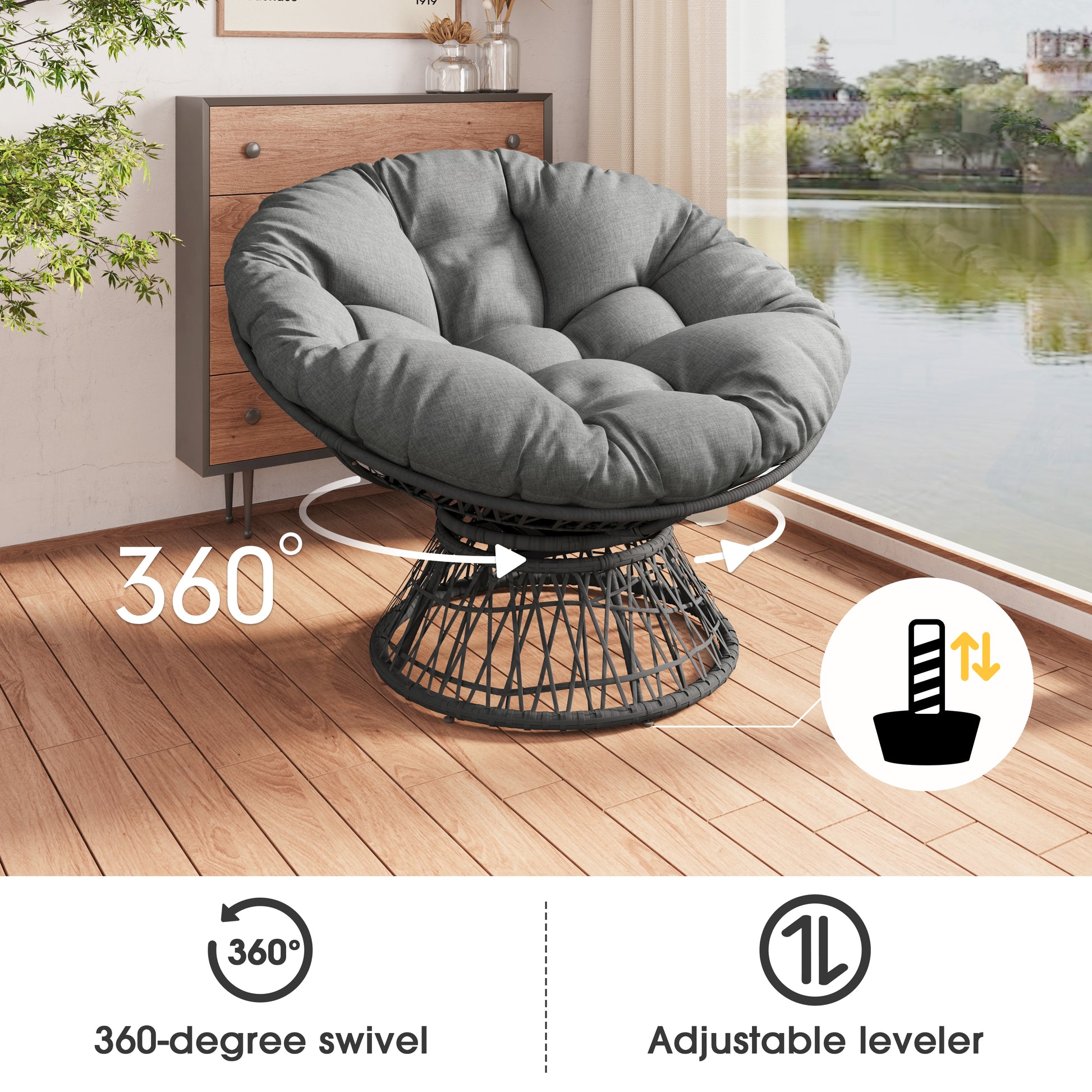 41.5" Ergonomic Wicker Chair With Cloud Thick Density Fabric Cushion,3 Proof Cover,High Capacity Iron Frame,Fluid 360 Degree Swivel For Reading,Living Room, Bedroom,Lounge,Gray Base,2 Colors Gray