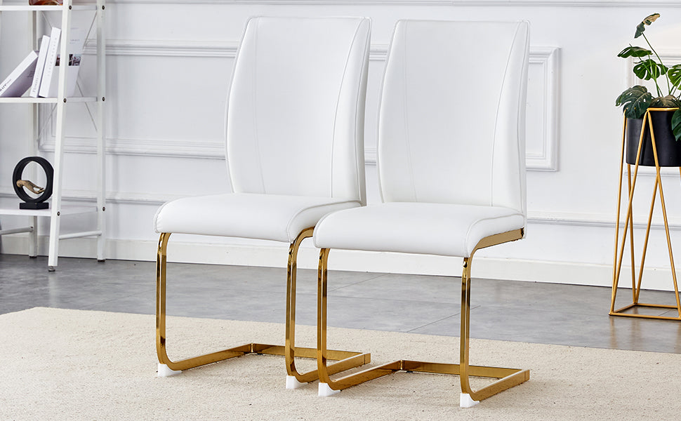 Luxury Simple Arch Chair Set Of 2 White Pu Material High Resilience Dining Chair With Arched Metal Gold Leg. White Black Set Of 2 Metal,Pu