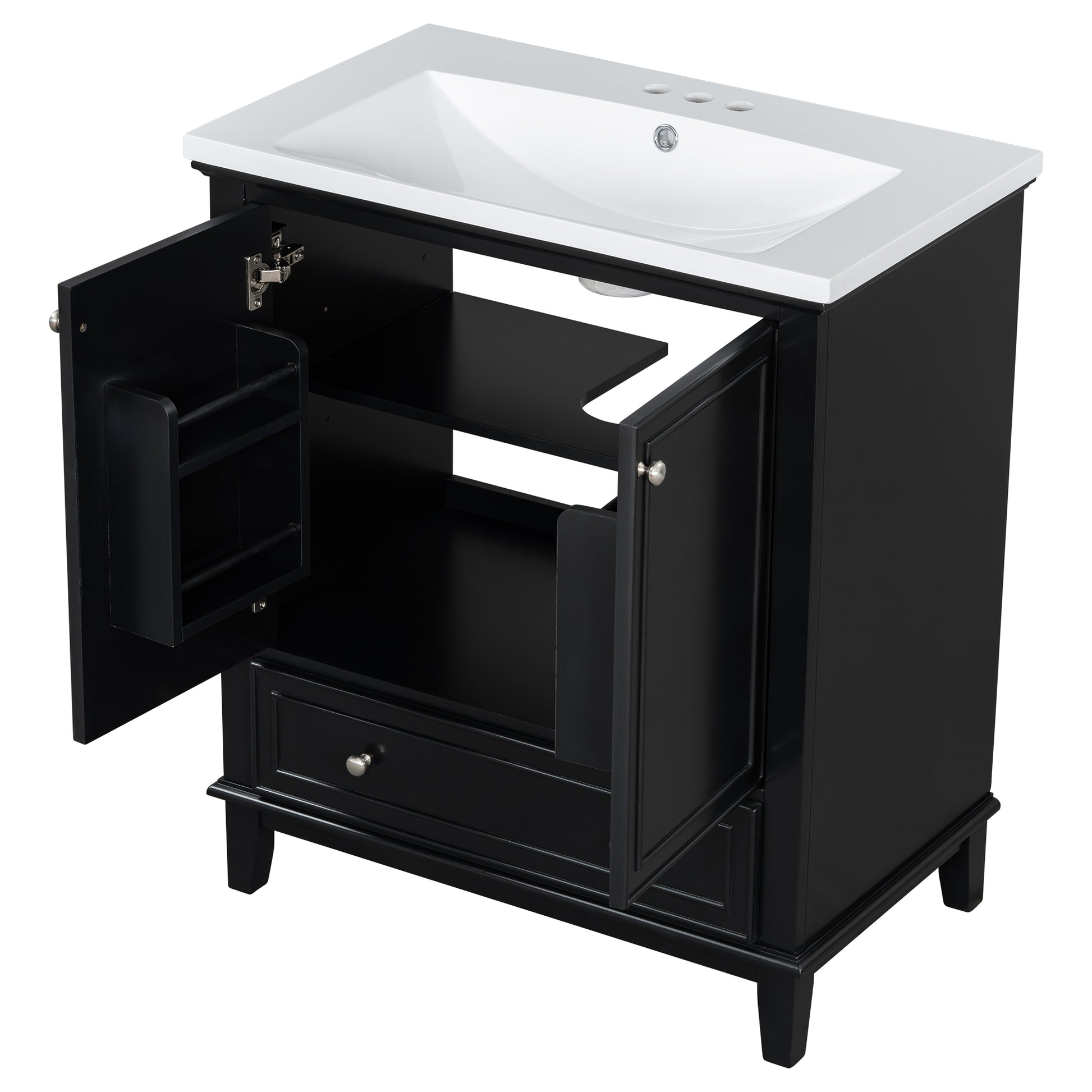 30" Bathroom Vanity With Sink Combo, Multi Functional Bathroom Cabinet With Doors And Drawer, Solid Frame And Mdf Board, Black Black Solid Wood Mdf