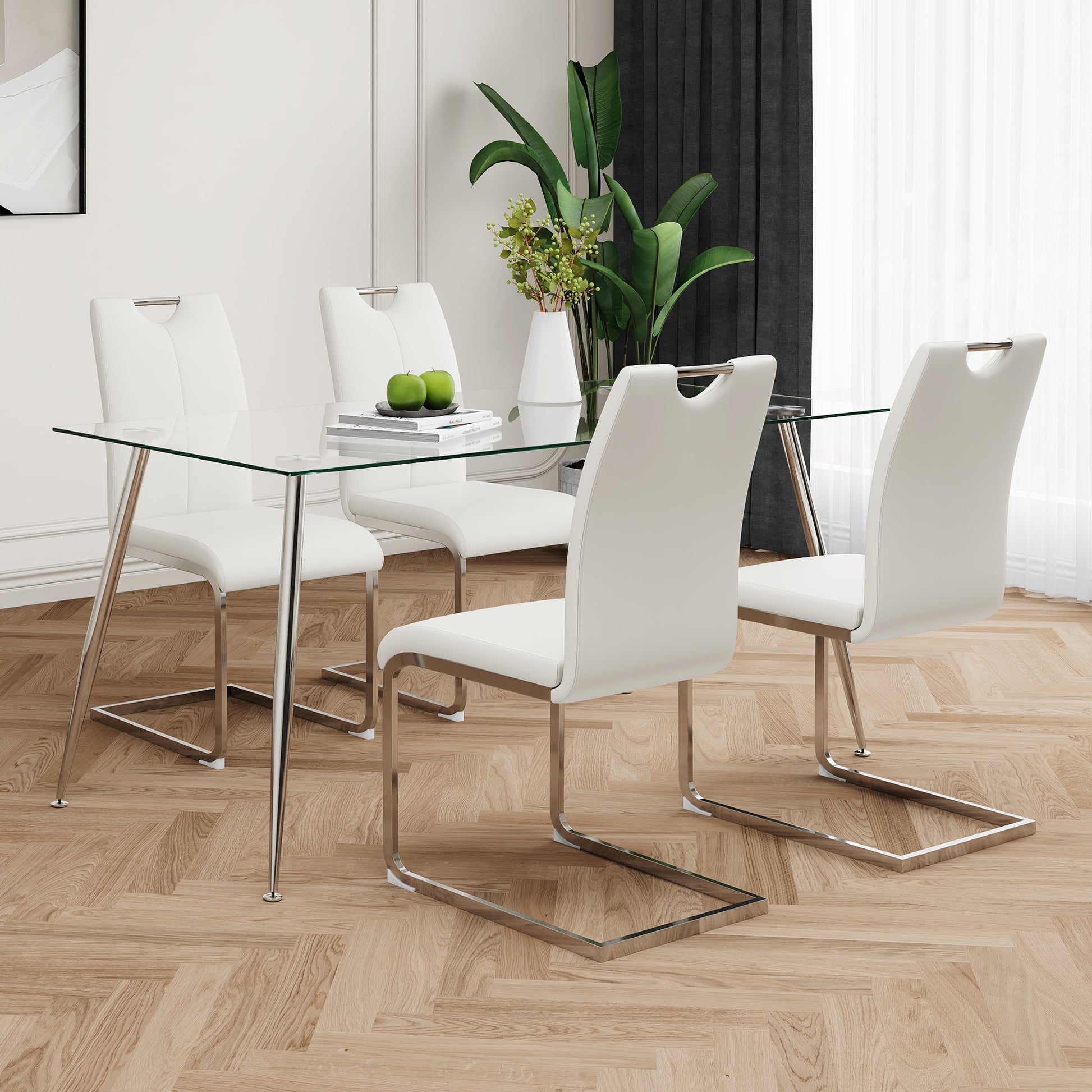 Modern Simple Rectangular Glass Dining Table, Solid Tempered Glass Tabletop, Electroplated Table Legs, White Pu Dining Chair Set, Suitable For Restaurant Kitchen Use Set Of 5 Upholstered Chair Glass White Pu Seats 4 Metal Rectangular Dining Table With