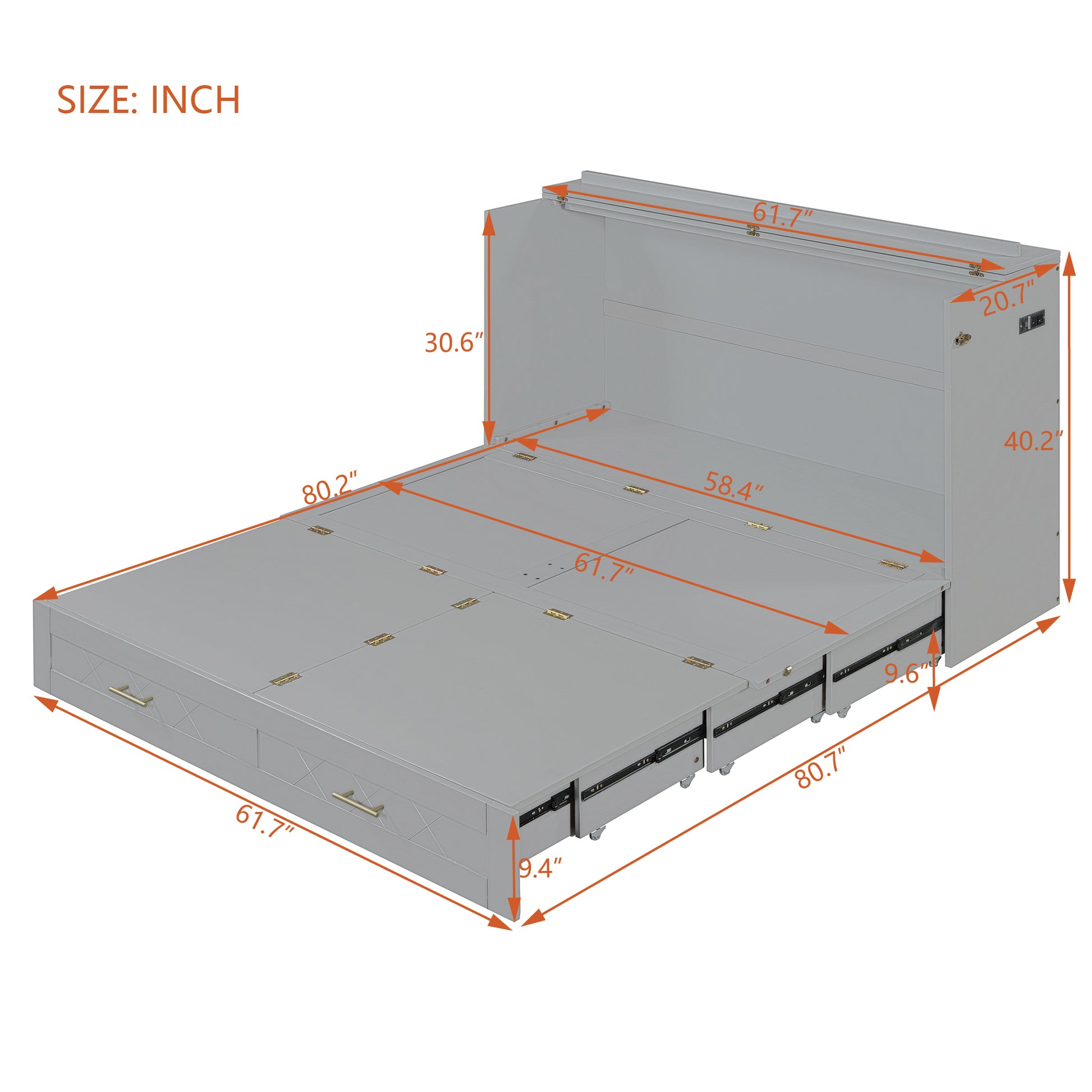 Queen Size Murphy Bed Wall Bed With Drawer And A Set Of Sockets & Usb Ports, Pulley Structure Design, Gray Queen Gray Mdf Lvl