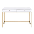 White High Gloss And Gold 2 Drawer Writing Desk White Gold Writting Desk Office Contemporary Freestanding Rectangular Drawers Rectangular Desk Wood Metal H Shape