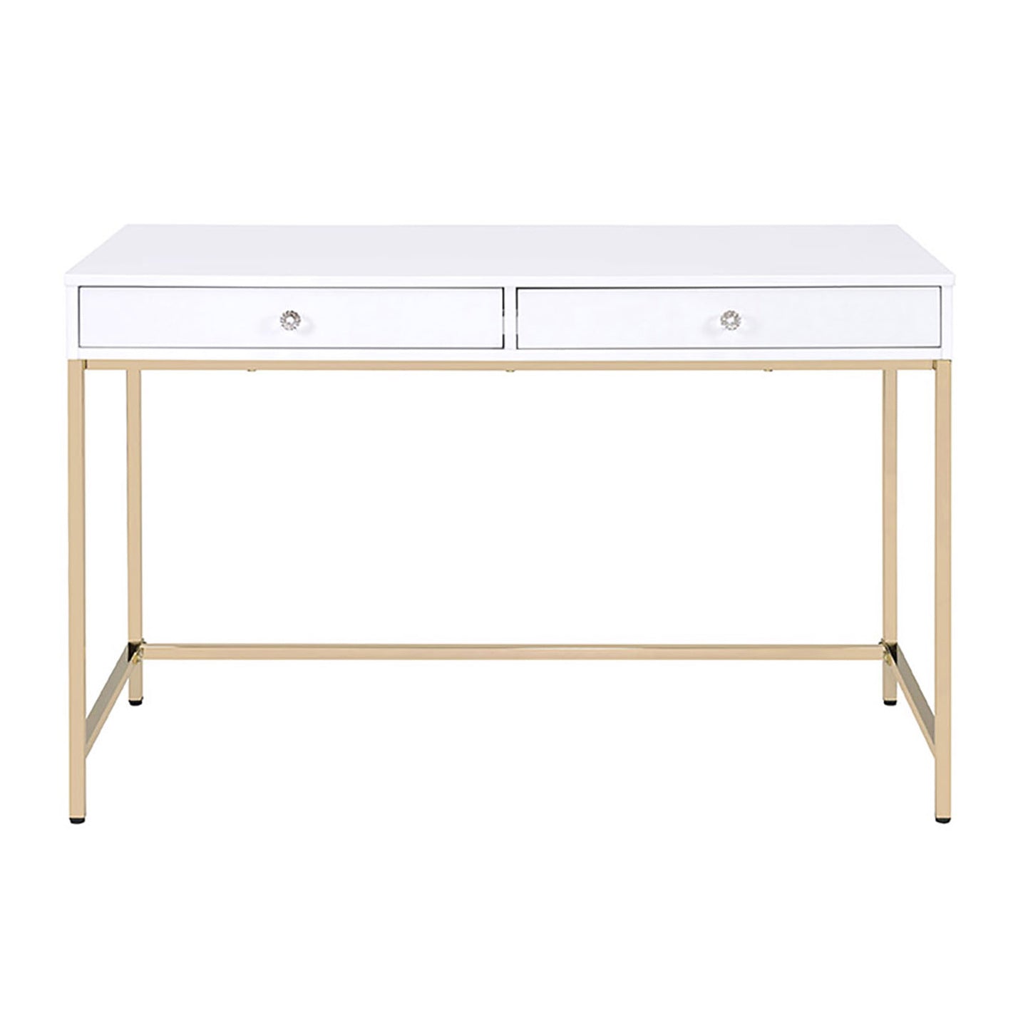 White High Gloss And Gold 2 Drawer Writing Desk White Gold Writting Desk Office Contemporary Freestanding Rectangular Drawers Rectangular Desk Wood Metal H Shape