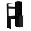 Carson Computer Desk With Hutch, Single Door Cabinet, Expansive Work Surface And 3 Tier Storage Shelves Black Computer Desk Office Modern Freestanding Rectangular Open Storage Desk Rectangular Particle Board Engineered Wood