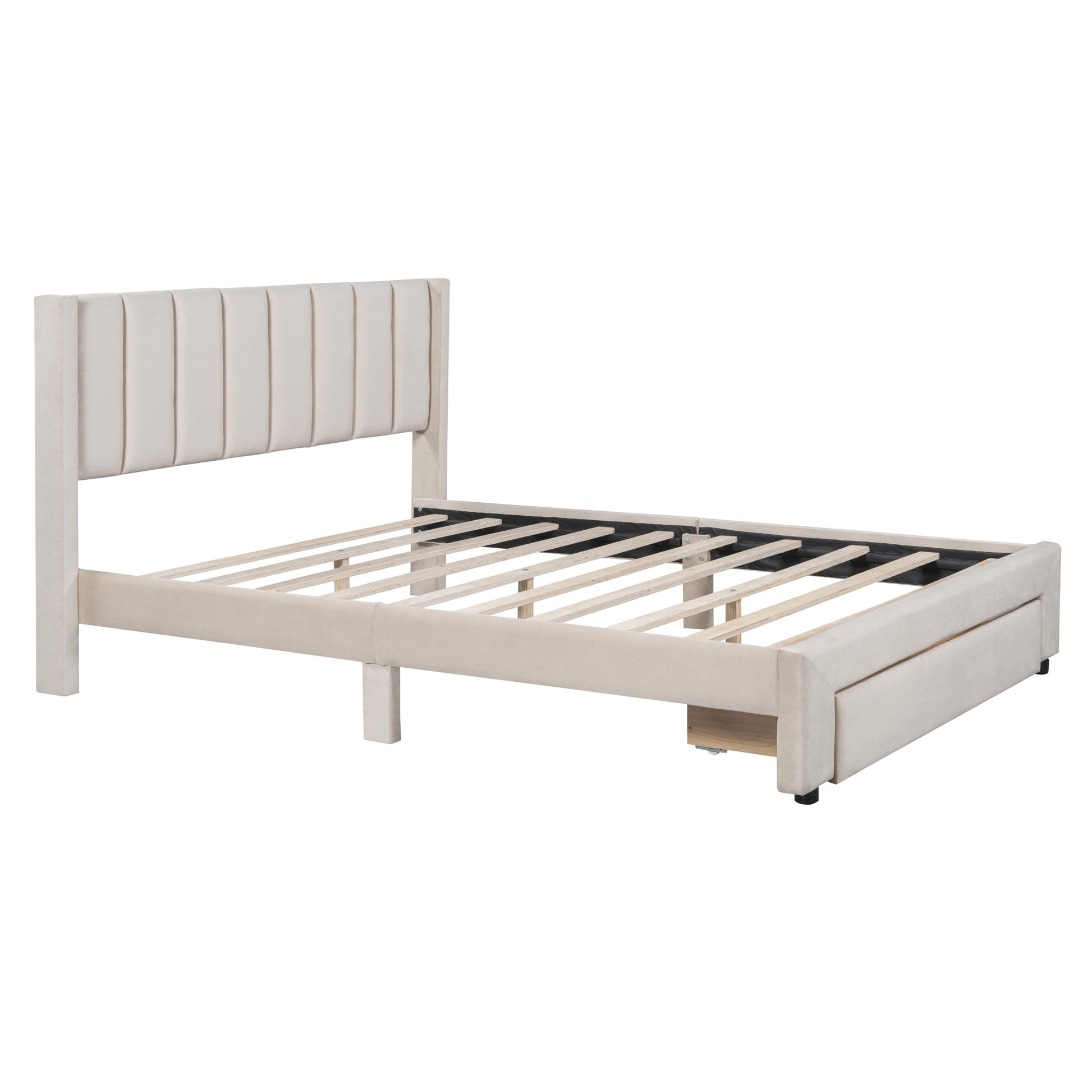 Full Size Storage Bed Velvet Upholstered Platform Bed With A Big Drawer Beige Old Sku:Wf296850Aaa Full Beige Velvet