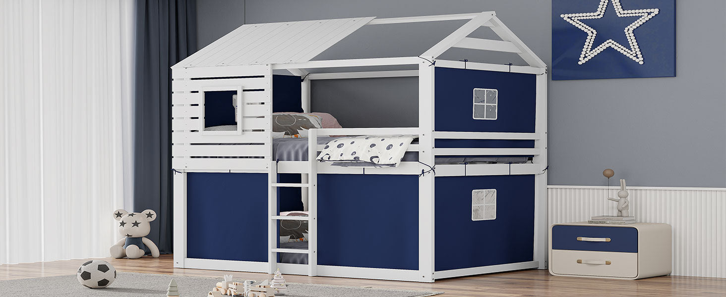 Full Size Bunk Wood House Bed With Tent, Blue White Full Blue Solid Wood Mdf