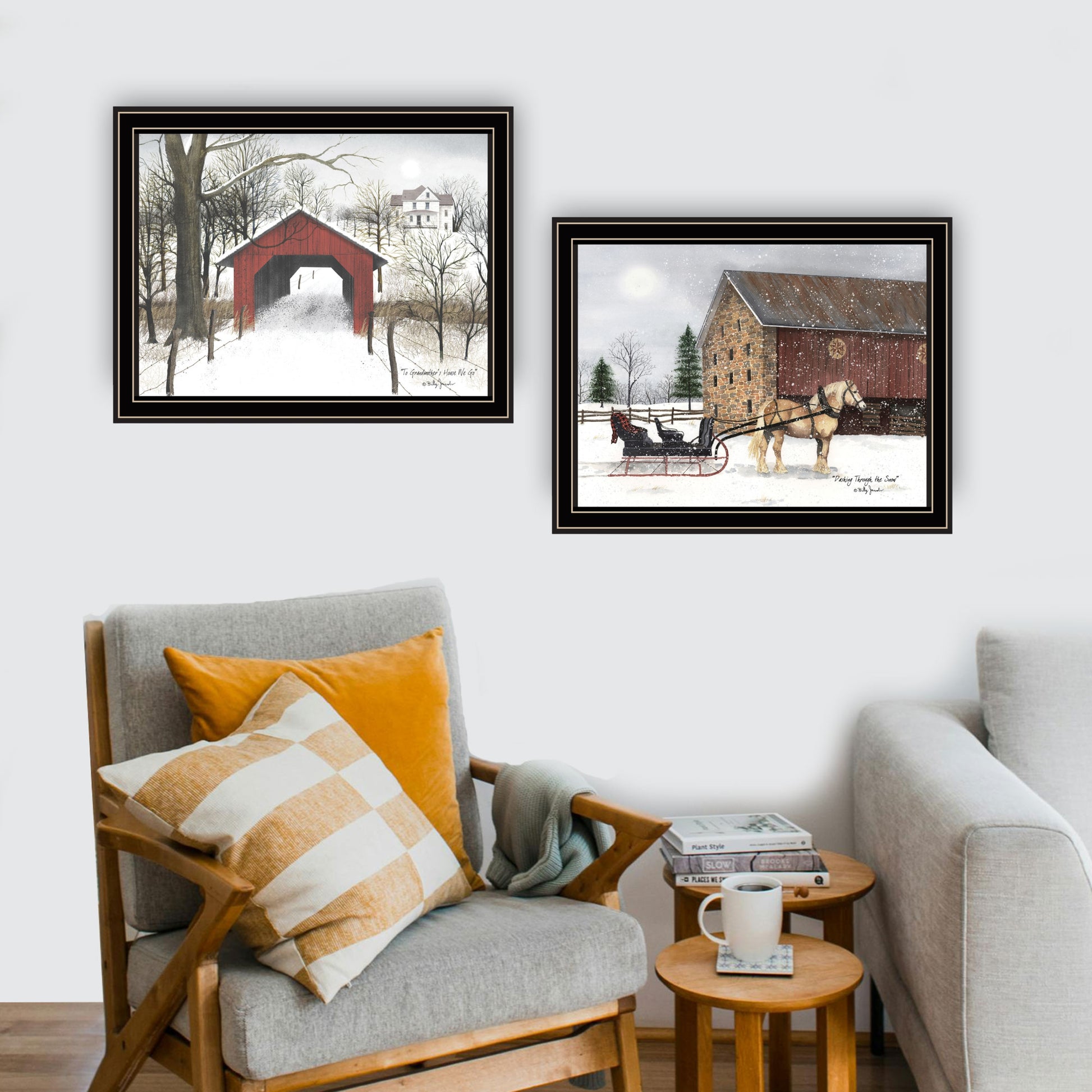 2 Piece Vignette Sleigh Ride To Grandma'S Black Framed Wall Art For Living Room, Bedroom Wall Art Print For Home Decor By Billy Jacobs Multi Wood Paper