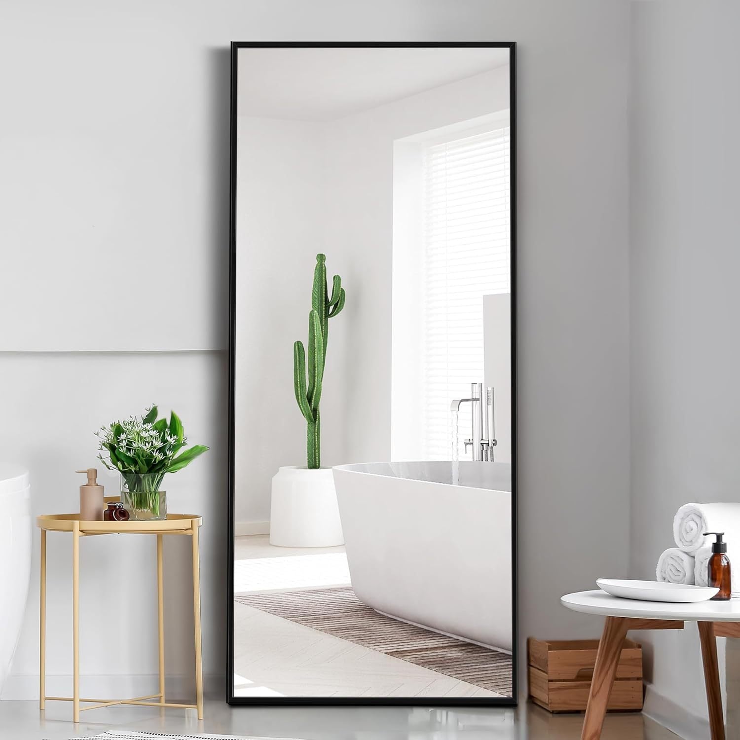 Dolonm 65X22 Inch Full Length Mirror, Modern Design Standing Floor Mirror, Full Body Mirror For Living Room, Bedroom, Bathroom, Cloakroom, Hallway, Black Aluminum Alloy Frame Black Mirror