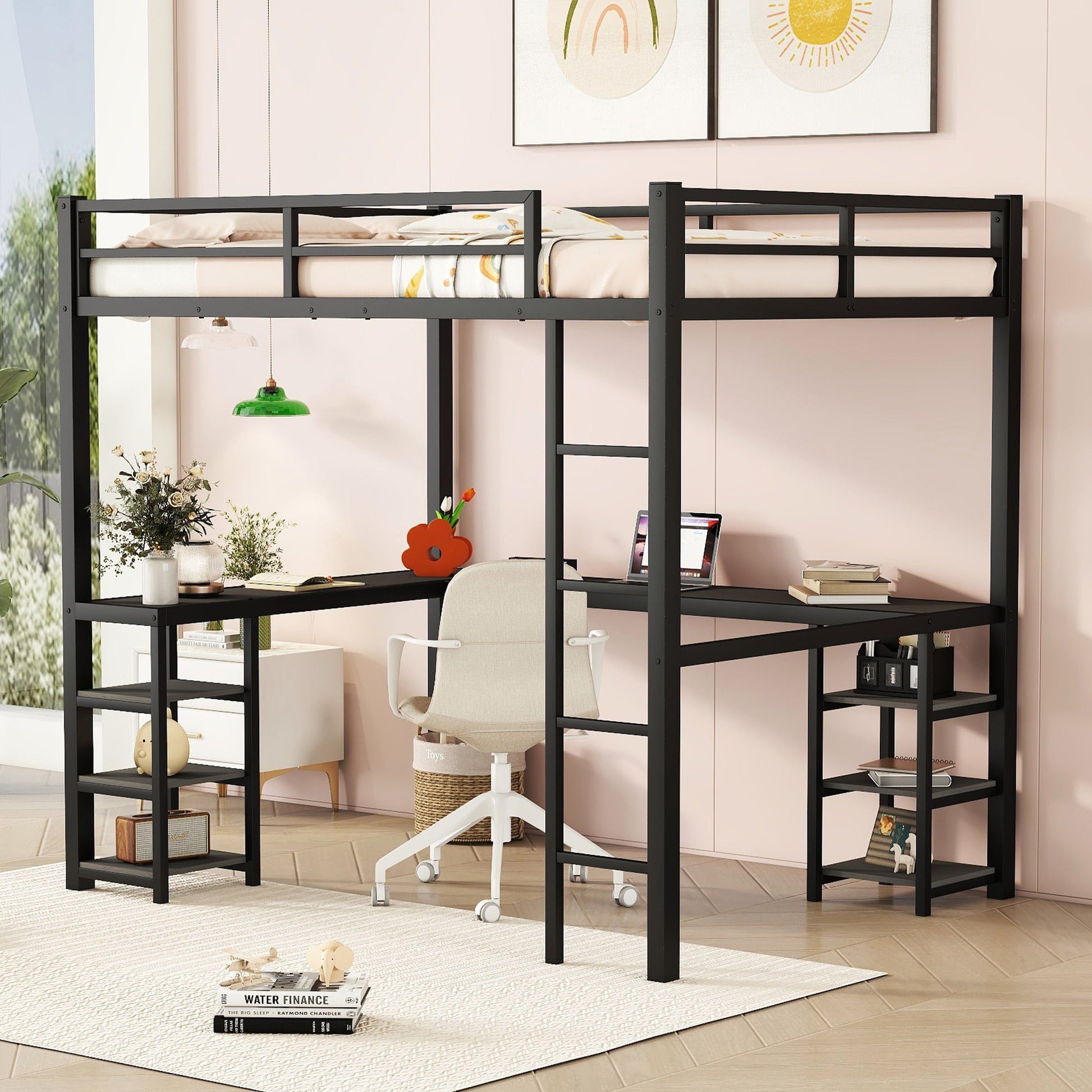 Full Metal Loft Bed With Desk And Shelves, Loft Bed With Ladder And Guardrails, Loft Bed Frame For Bedroom, Black With Black Desk Full Black Metal