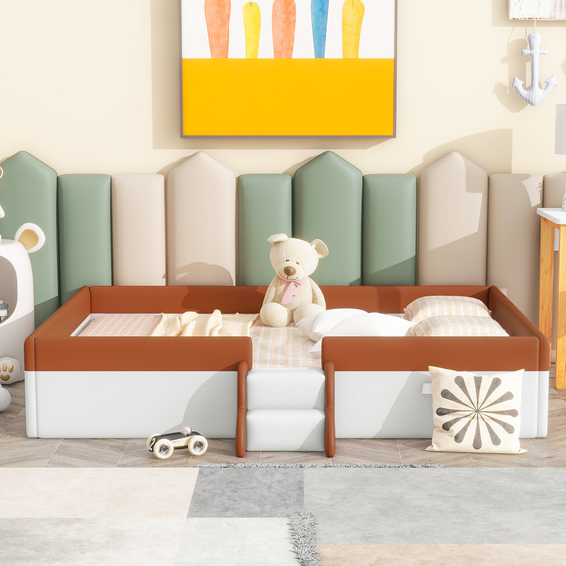 Full Size Upholstered Daybed Frame With Fence And Stairs, Brown White Full Brown White Mdf Lvl
