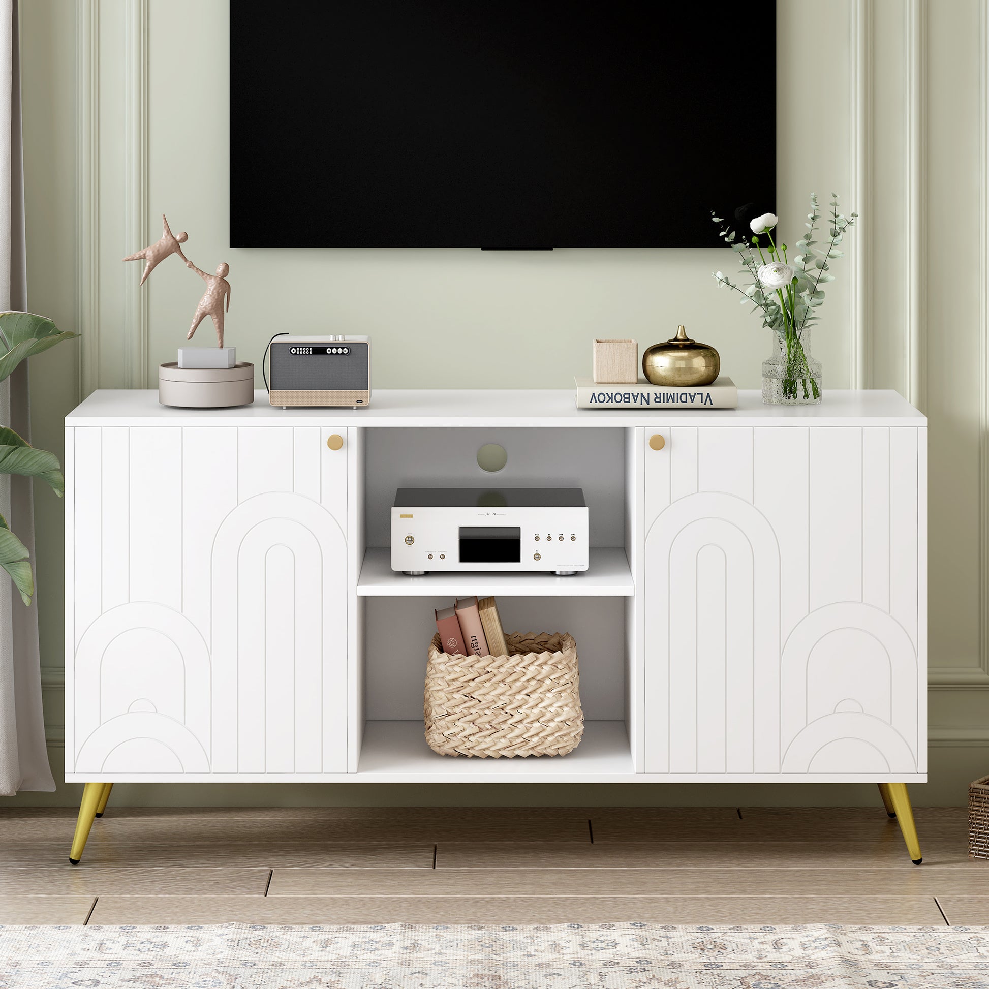 Modern Tv Stand For Tvs Up To 55 Inches, Entertainment Center Media Console,Adjustable Shelf, Metal Legs, Handles And Anti Tip Device For Living Room White 50 59 Inches Mdf