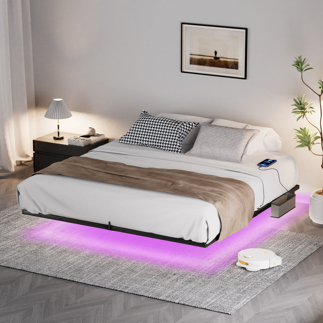 Floating Bed Frame King Size With Led Lights Charging Station, Metal Platform Queen Bed, 79.9'' L X 76.2'' W X 7.9'' H. King Black Iron