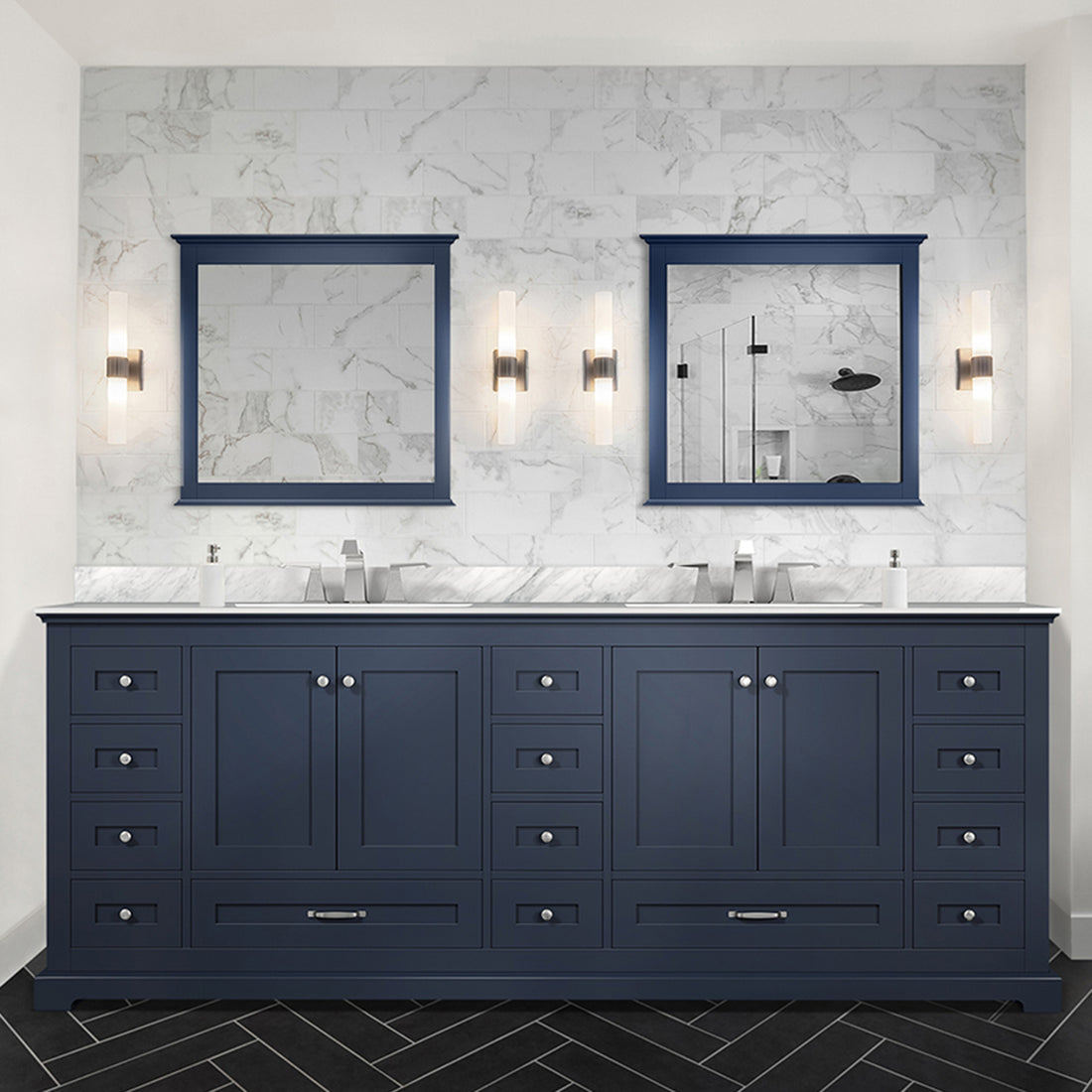 Navy Blue Double Bath Vanity 84 In. W X 22 In. D, With Carrara Marble Top Navy Blue Plywood Wood