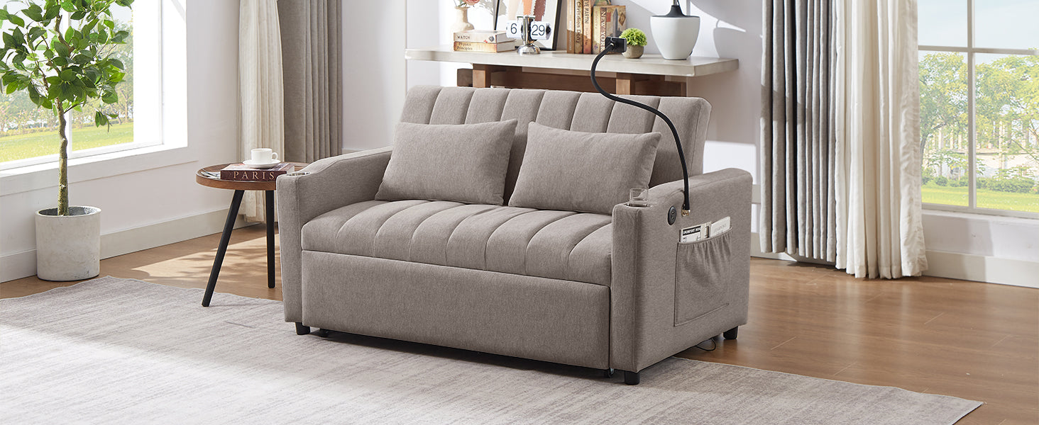 55.9" Convertible Sofa Bed Loveseat Sofa With Three Usb Ports, Two Side Pockets, Two Cup Holders And 360 Swivel Phone Holder For Living Room, Light Grey Light Grey Foam Polyester 2 Seat