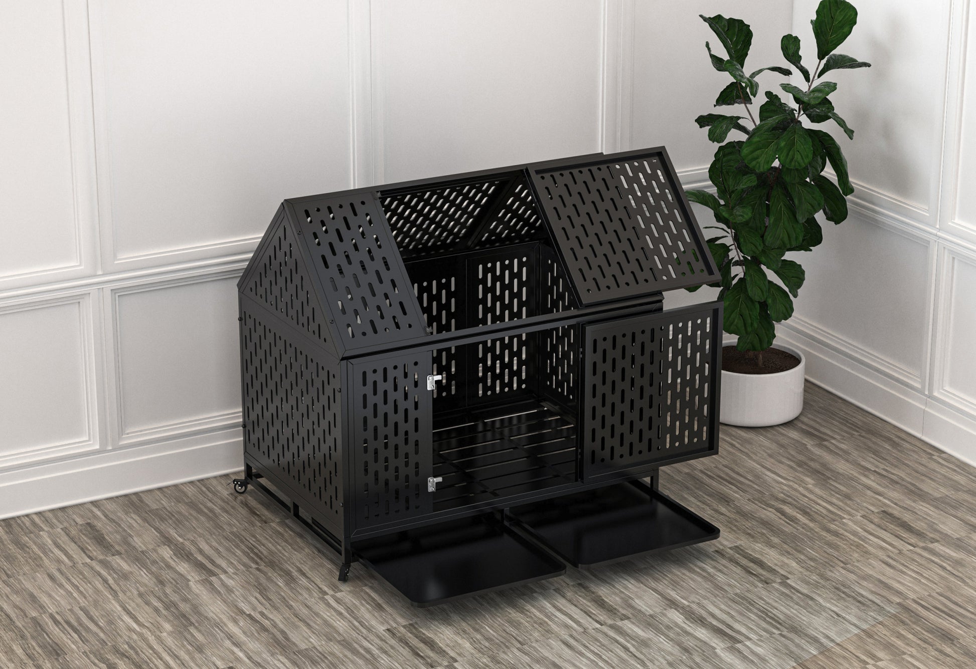 45" Heavy Duty Dog Crate 45 Inch Indestructible Pet Dog Cage Crate Kennel With Roof Top 2 Doors Removable Trays, Lockable Wheels, Escape Proof For High Anxiety Large Extra Dogs Black Outdoor Kennel Large 41 70 Lbs Steel