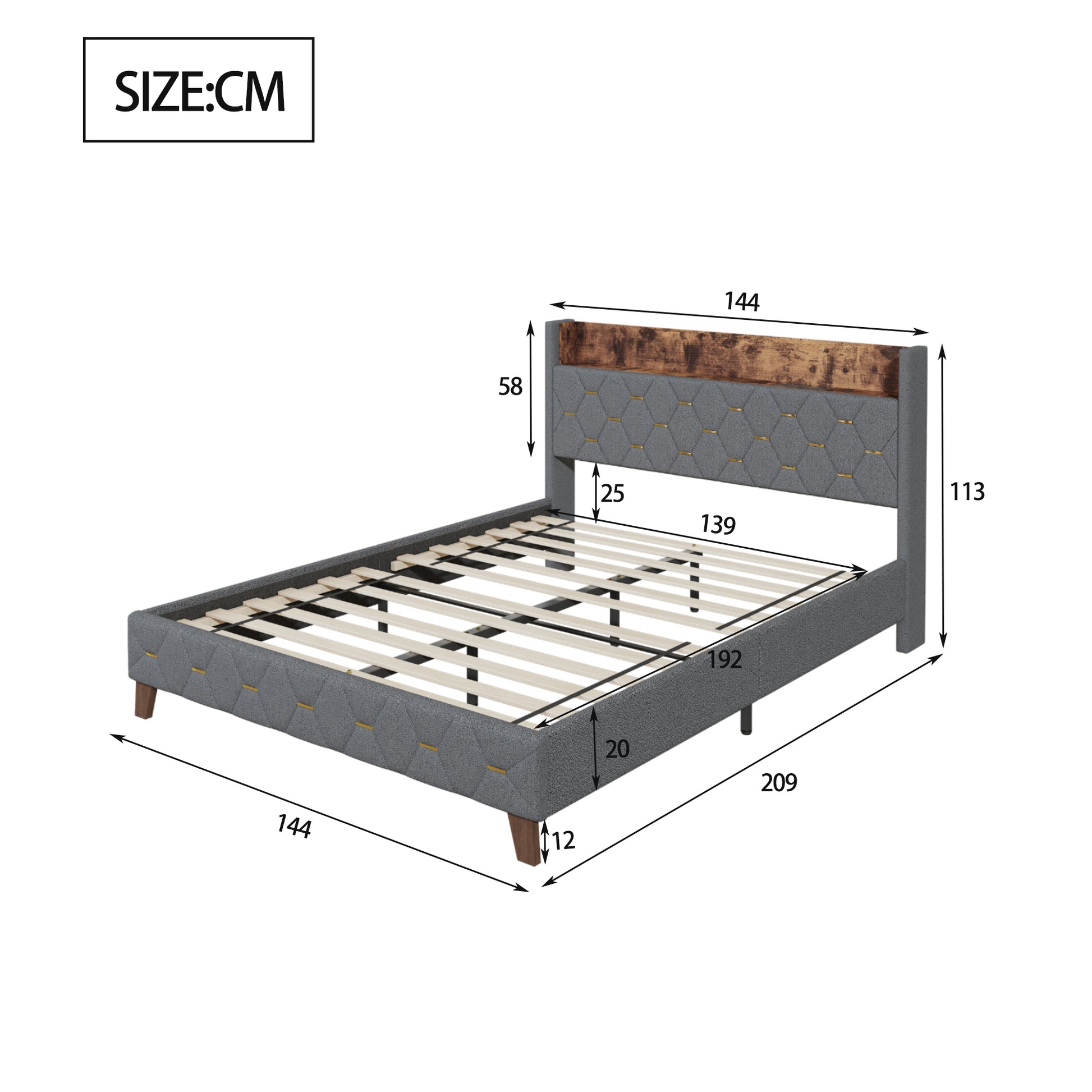 Gray Full Bed With Elegant Gold Metal Buttons, Built In Usb Ports, Phone Storage Pocket, And Spacious Headboard Shelving Sturdy Frame Supports Up To 300 Lbs,Mattress Not Included Box Spring Not Required Full Aqua Grey Abs