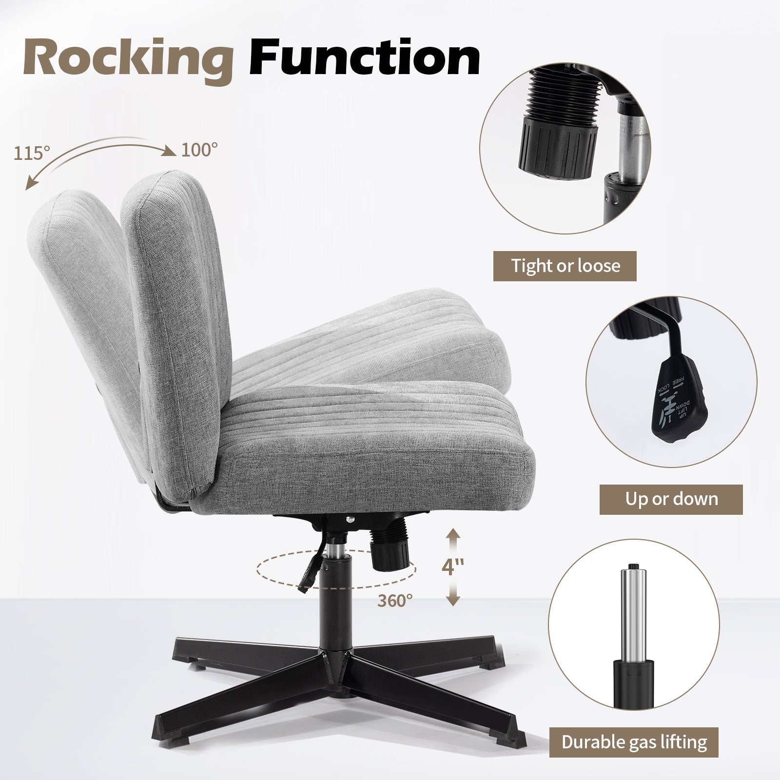 Office Chair Armless Desk Chair No Wheels, Fabric Padded Wide Seat Home Office Chairs, 115 Rocking Mid Back Cute Computer Chair For Bedroom, Vanity, Makeup,Dark Grey Dark Grey Foam Cotton Linen