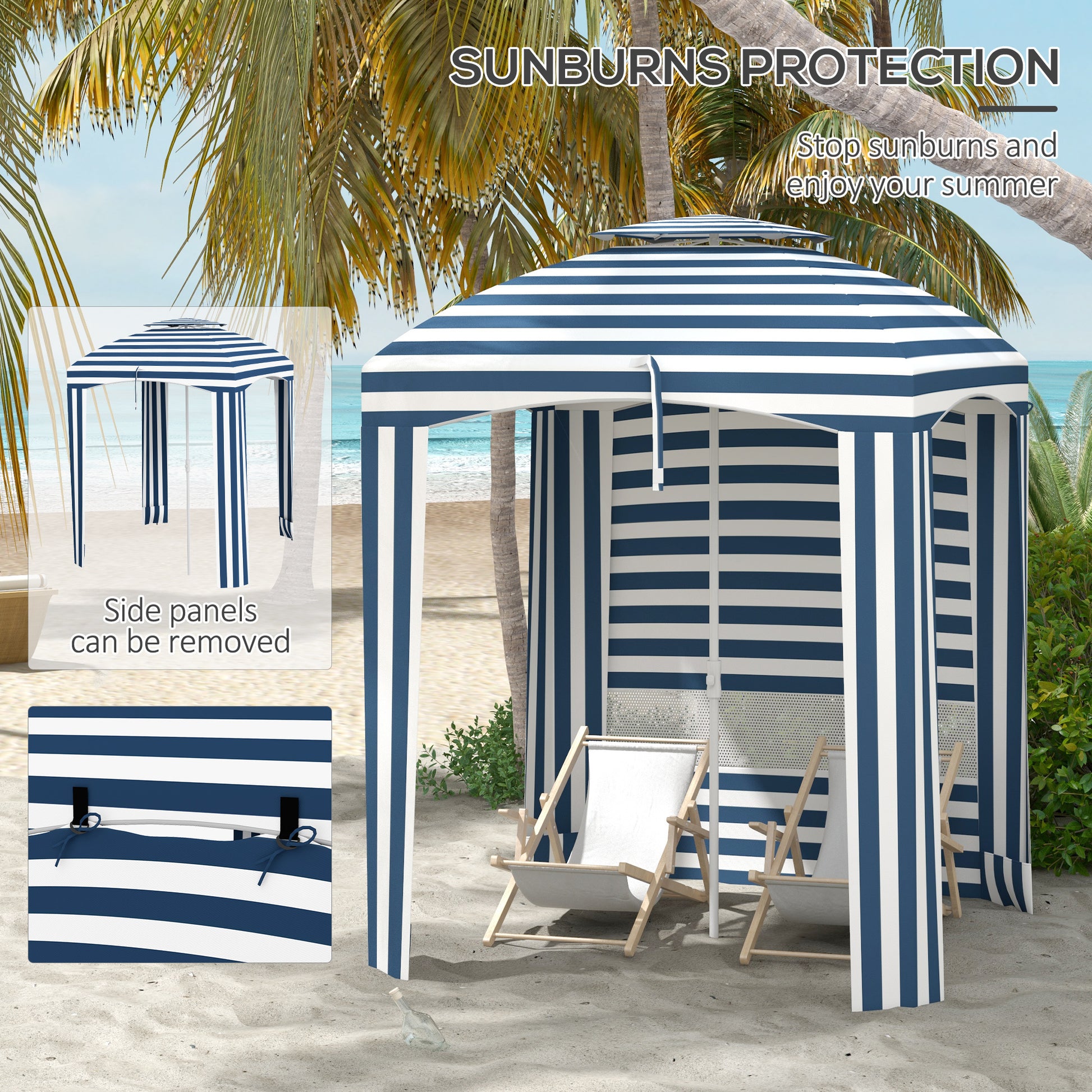 Outsunny 5.8' X 5.8' Portable Beach Umbrella With Double Top, Ruffled Outdoor Cabana With Walls, Vents, Sandbags, Carry Bag, Blue & White Stripe Multicolor Polyester