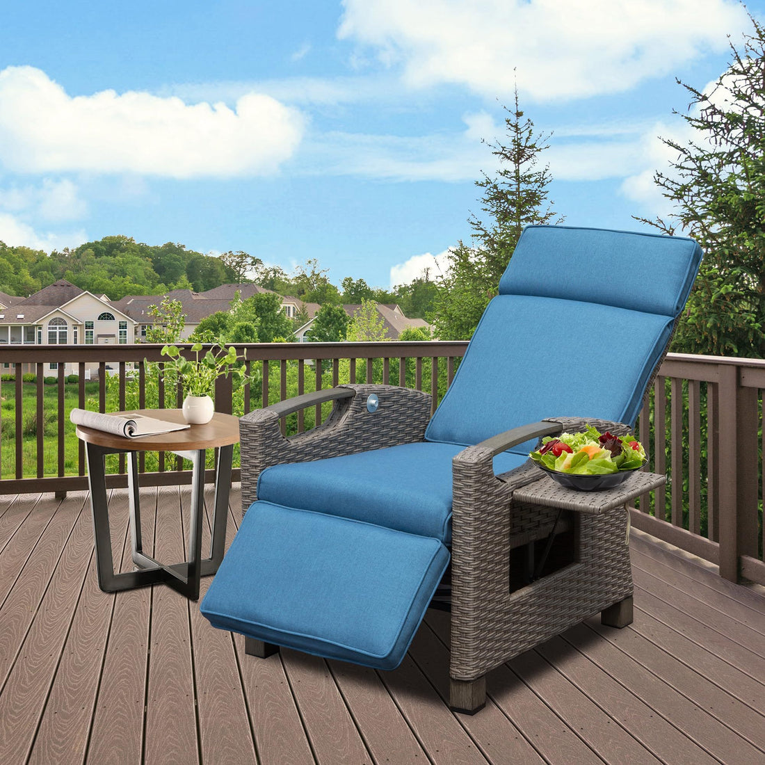 Outdoor Recliner Chair, Patio Recliner With Hand Woven Wicker, Flip Table Push Back, Adjustable Angle, 6.8'' Thickness Cushions, Reclining Lounge Chair For Indoor And Outdoor, Navy Blue Yes Blue Garden & Outdoor Steel Rattan