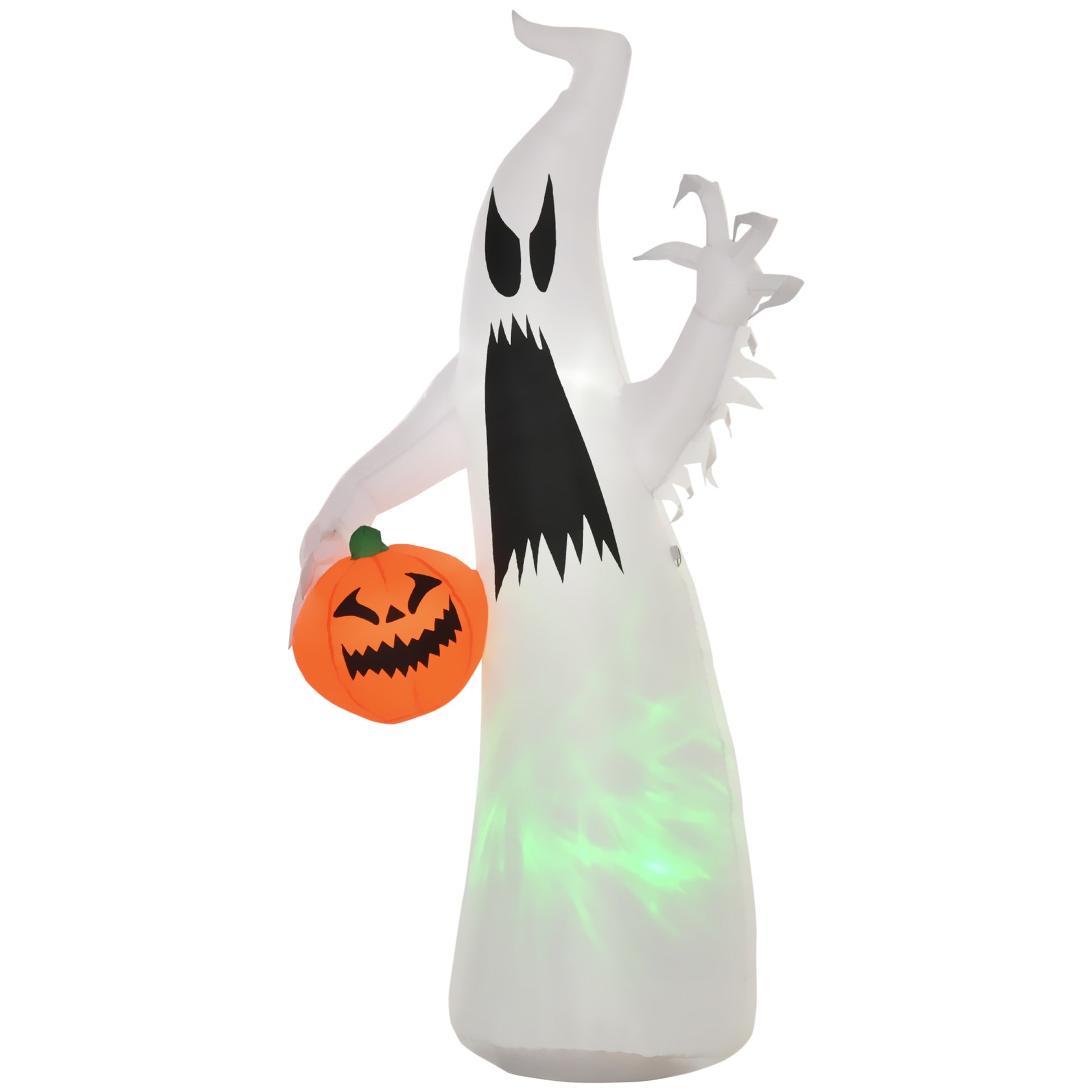 Homcom 5.9' Halloween Inflatable Outdoor Decoration Ghost With Pumpkin, Blow Up Led Yard Decor For Garden, Lawn, Party, Holiday, Waterproof, Green White Polyester