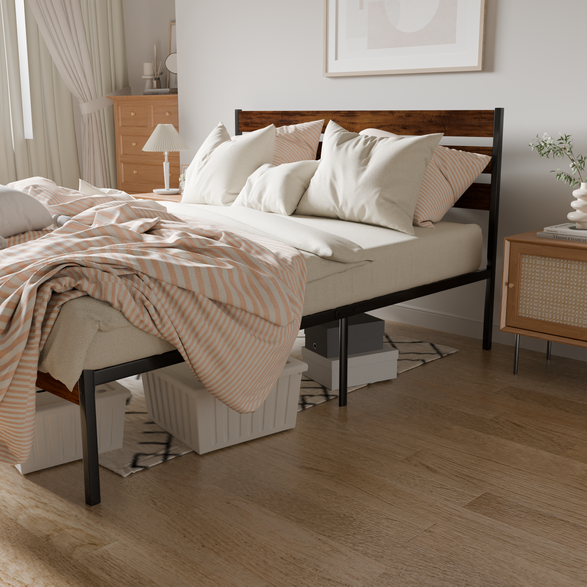 Iron Platform Bed Frame With Rustic Wood Headboard & Footboard Queen Size Brown Box Spring Required Queen Black,Brown Iron Brown Bedroom Minimalist,Modern Bed Frame Mdf Iron