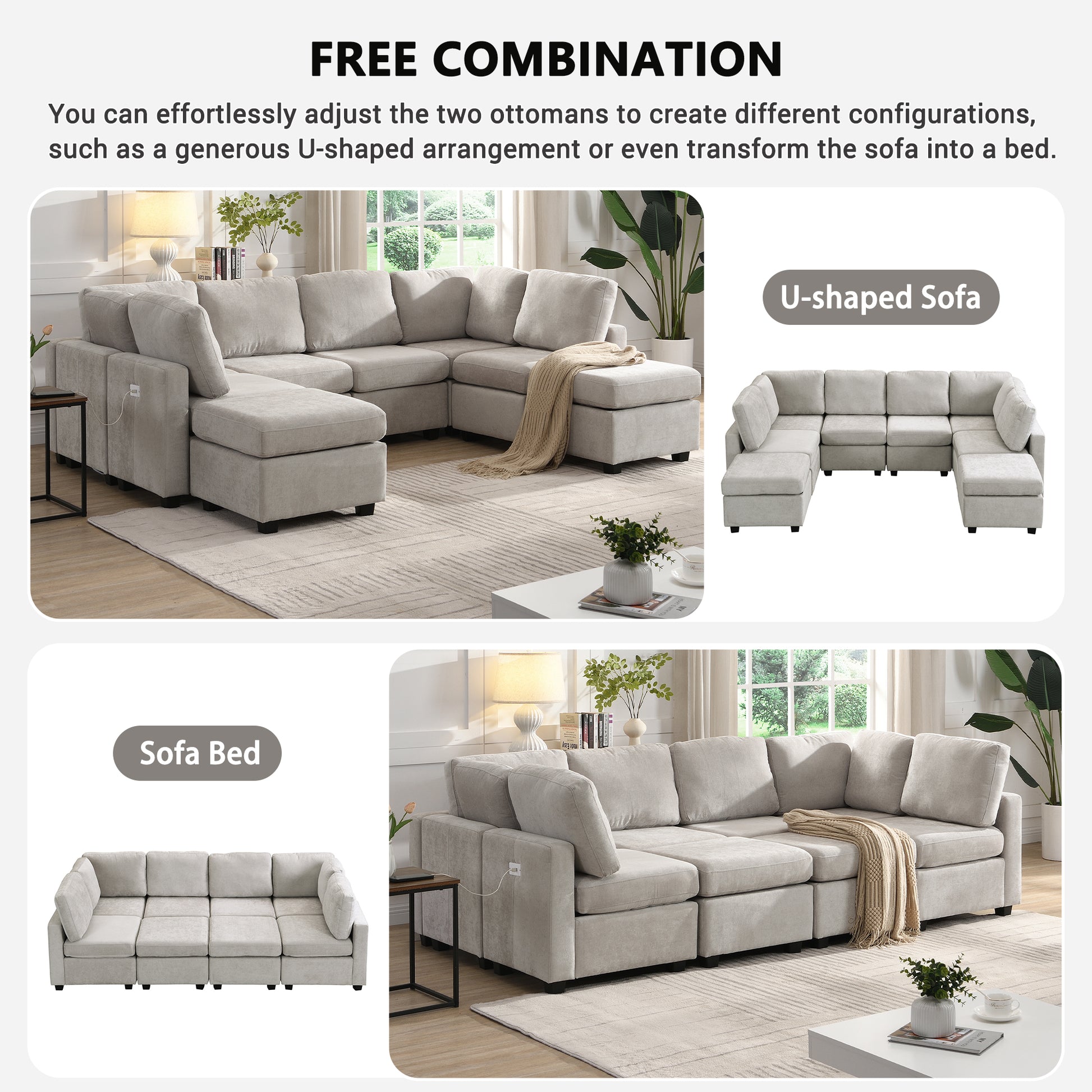 103" Sectional Sofa Couch Sofa Bed U Shaped Sofa With Two Movable Ottoman And Three Usb Ports For Living Room, Grey Grey Foam Chenille 6 Seat