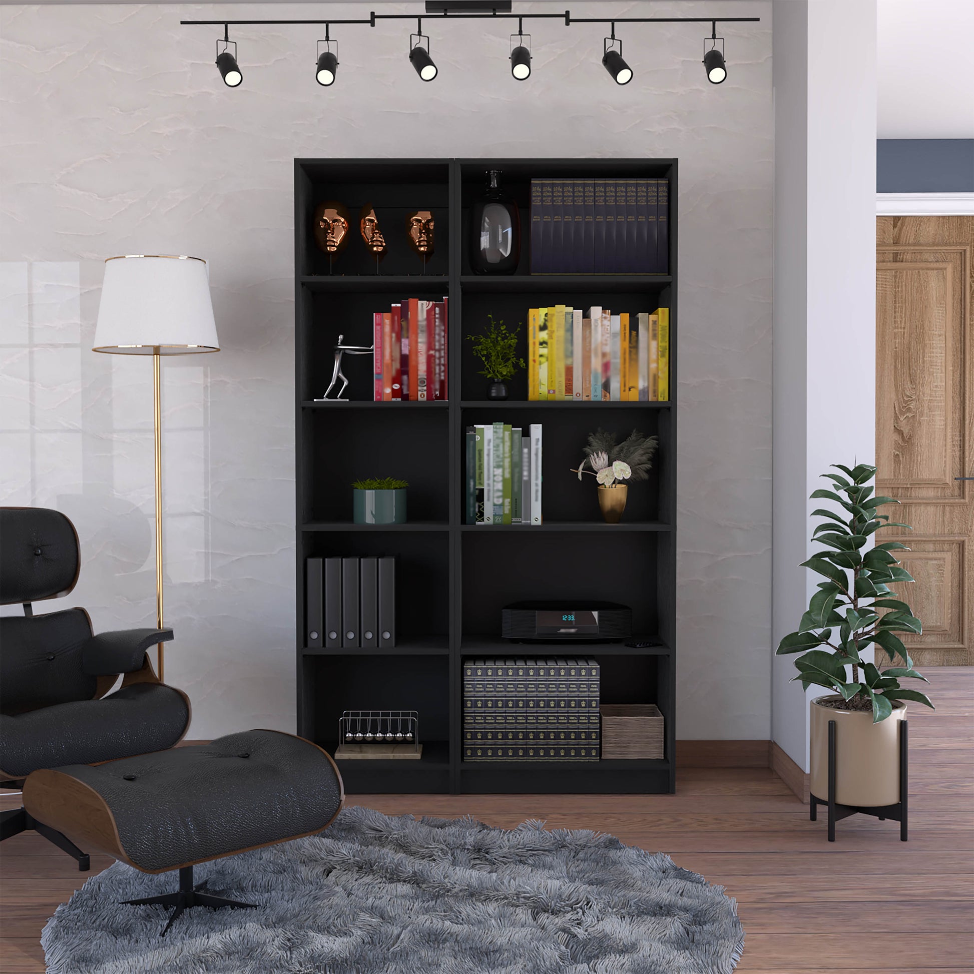 Kenyon 2 Piece Home Bookcase Set, 42" Wide With 10 Shelves, Living Room Set Black Freestanding 5 Or More Shelves Matte Black Office Adjustable Shelves Modern Particle Board