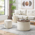 2 Piece Set Round Chenille Storage Ottoman, Equipped With A Drum Shaped Small Stool, Storage Space, And Mdf Made Desktop Panel Beige 23.62