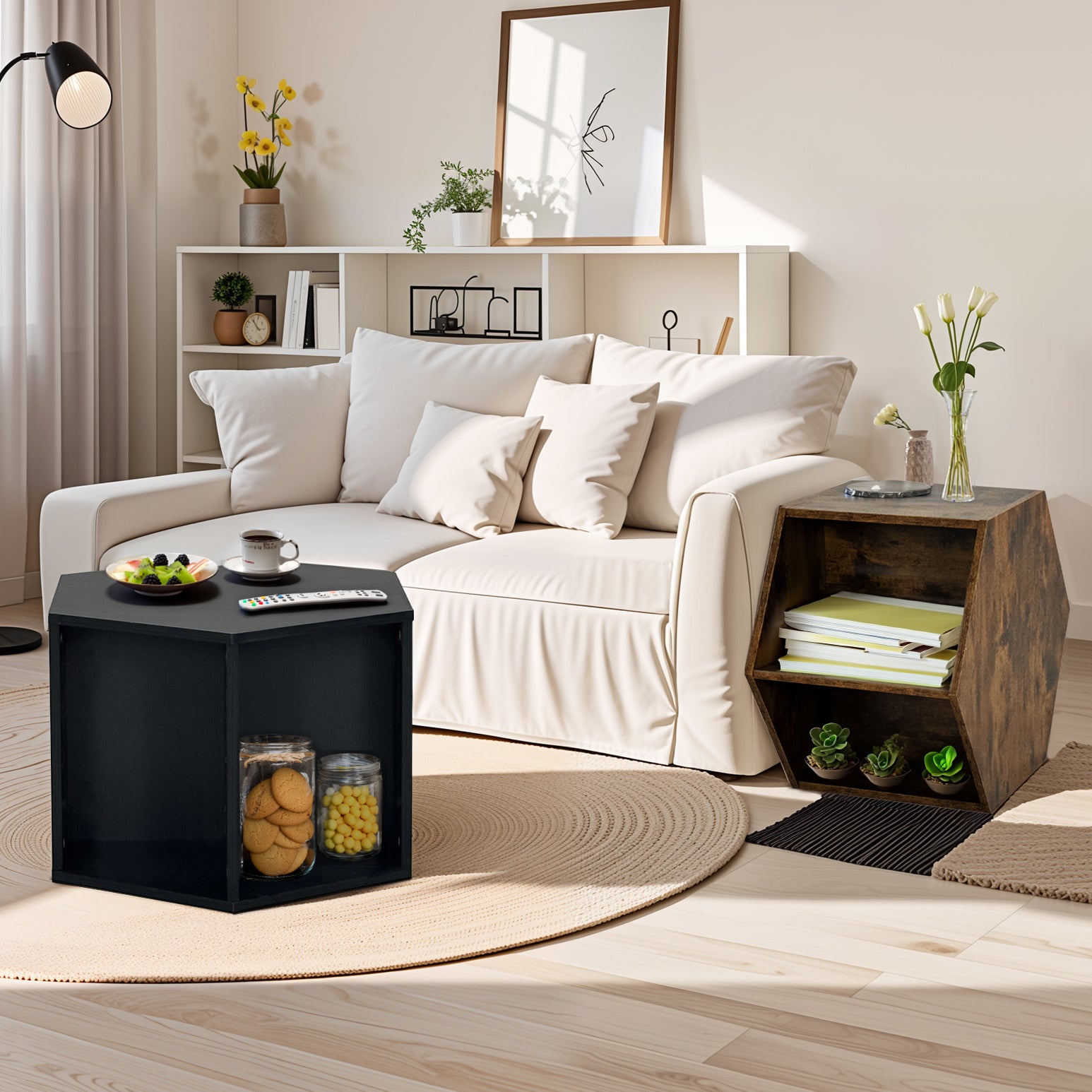 23.62'' Hexagonal Coffee Table Side Table Nightstand Burmese Sumac Black Brown Mdf
