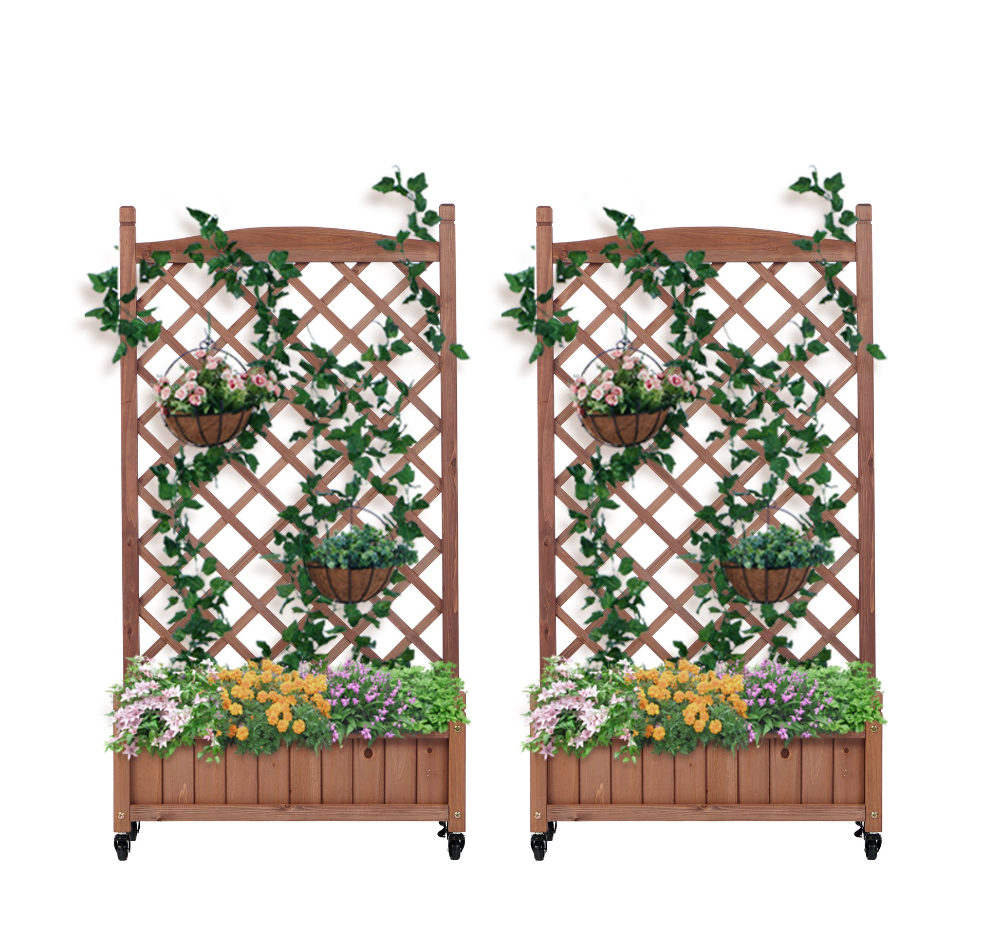 Raised Garden Bed With Trellis 2 Pack, Outdoor Wooden Planter Box & Plant Stand With Climbing Racks Brown Solid Wood