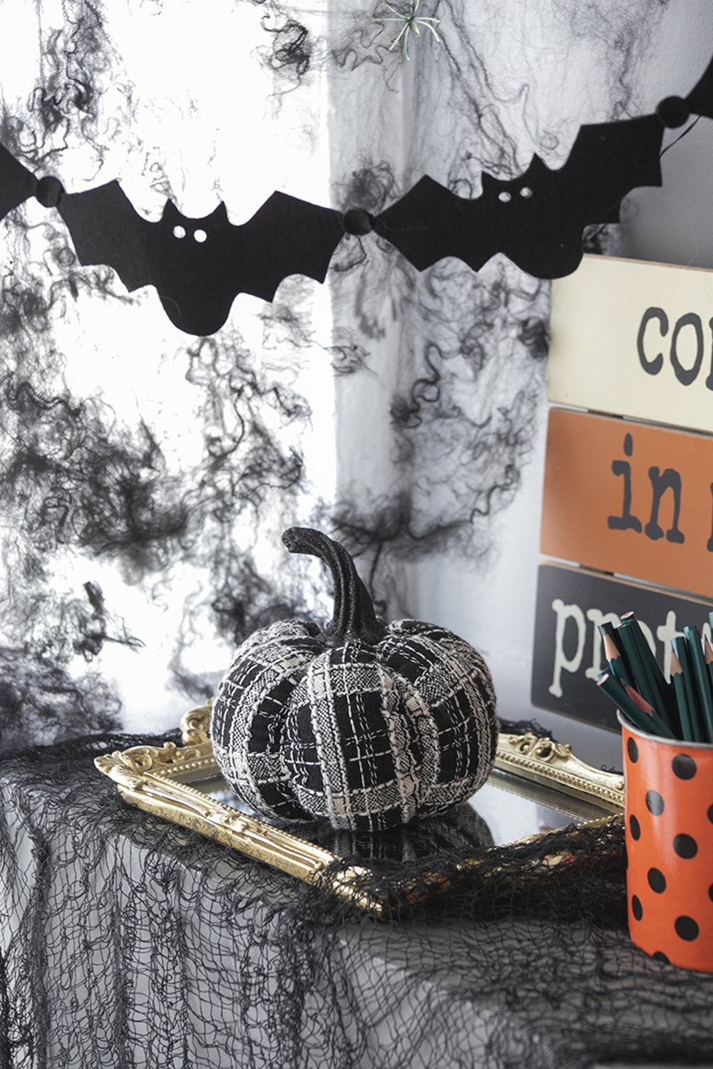 7X7X7" Fabric Light Black White Plaid Pumpkin, For Holiday Halloween Decor Black,White Polyester