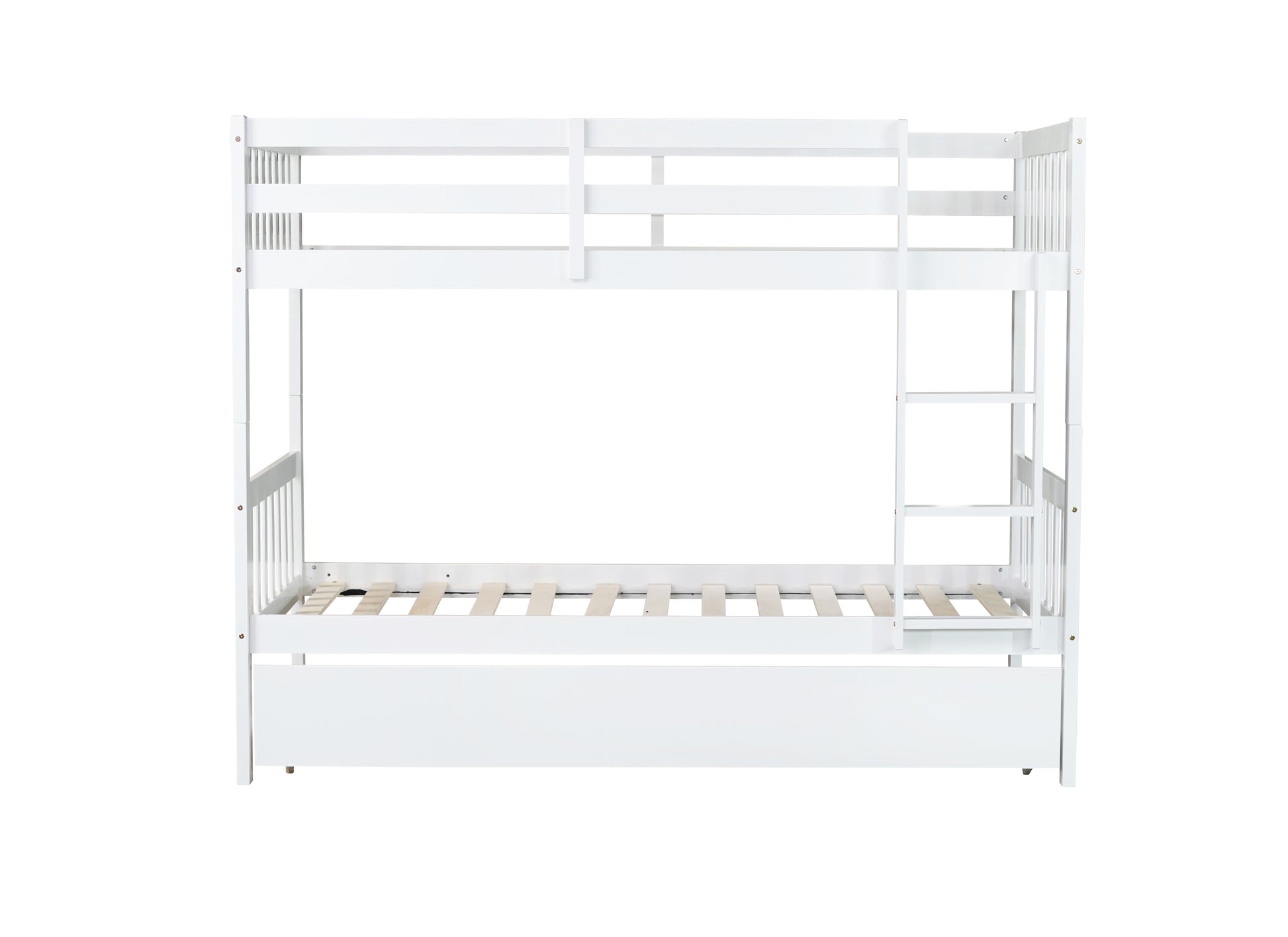 Twin Over Twin Rubber Wood Bunk Bed With Trundle, Convertible Into 2 Twin Size Beds, Twin Size Bunk Bed With Ladder And Safety Guardrails, White Twin White Rubber Wood