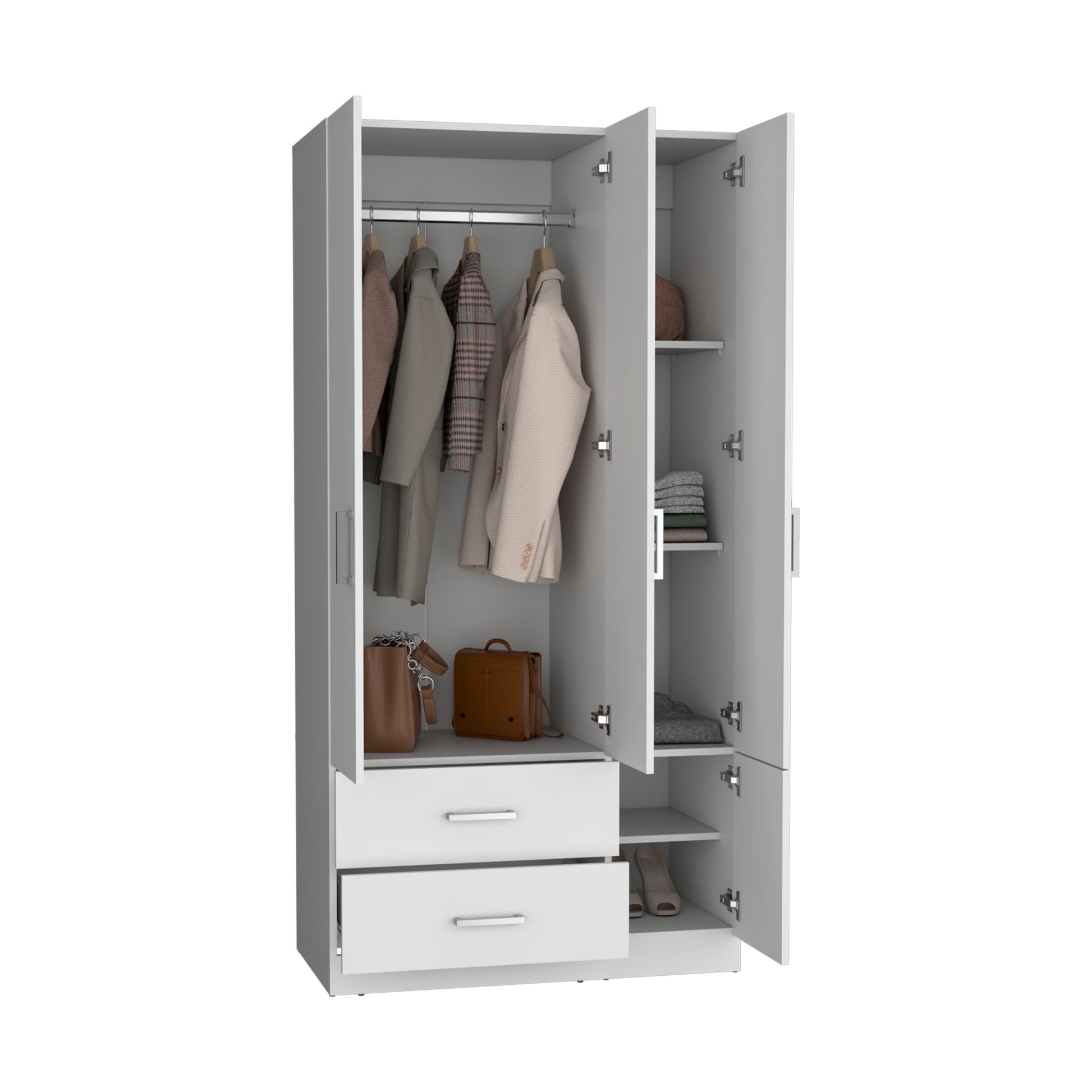 Sebree 71" High Armoire Wardrove Closet With 2 Drawers, Four Doorsthree Cabinetsix Shelves And Hanging Rod, Bedroom Clothes Storage Cabinet Organizer White White Particle Board