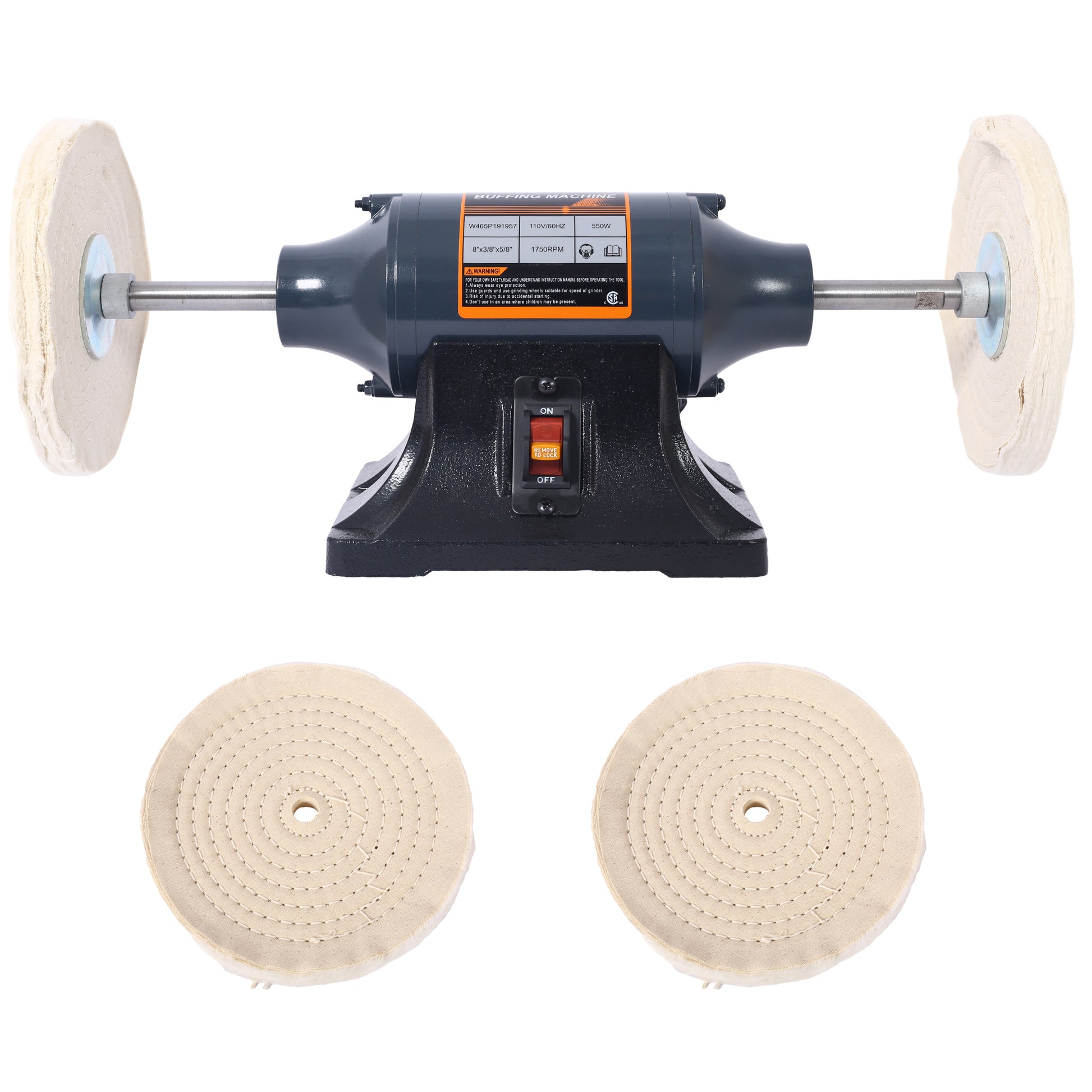 Extra Long 8 Inch Electric Polisher Bench Buffer Grinder 4 Pole Motor Includes 4Pcs 80Ply Thic Buffing Wheels For Polishing Metal, Jewelry, Knives, Wood, Jade,Etc. Csa Certificated Blue Steel