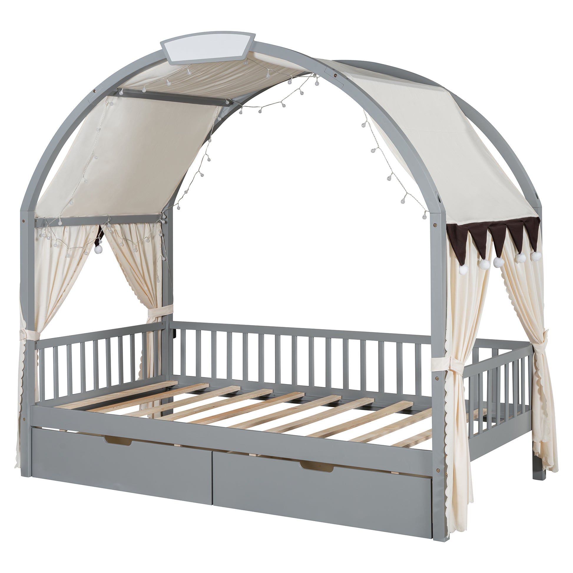 Twin Size Bed With Arched Roof And 2 Drawers, Gray Twin Gray Plywood