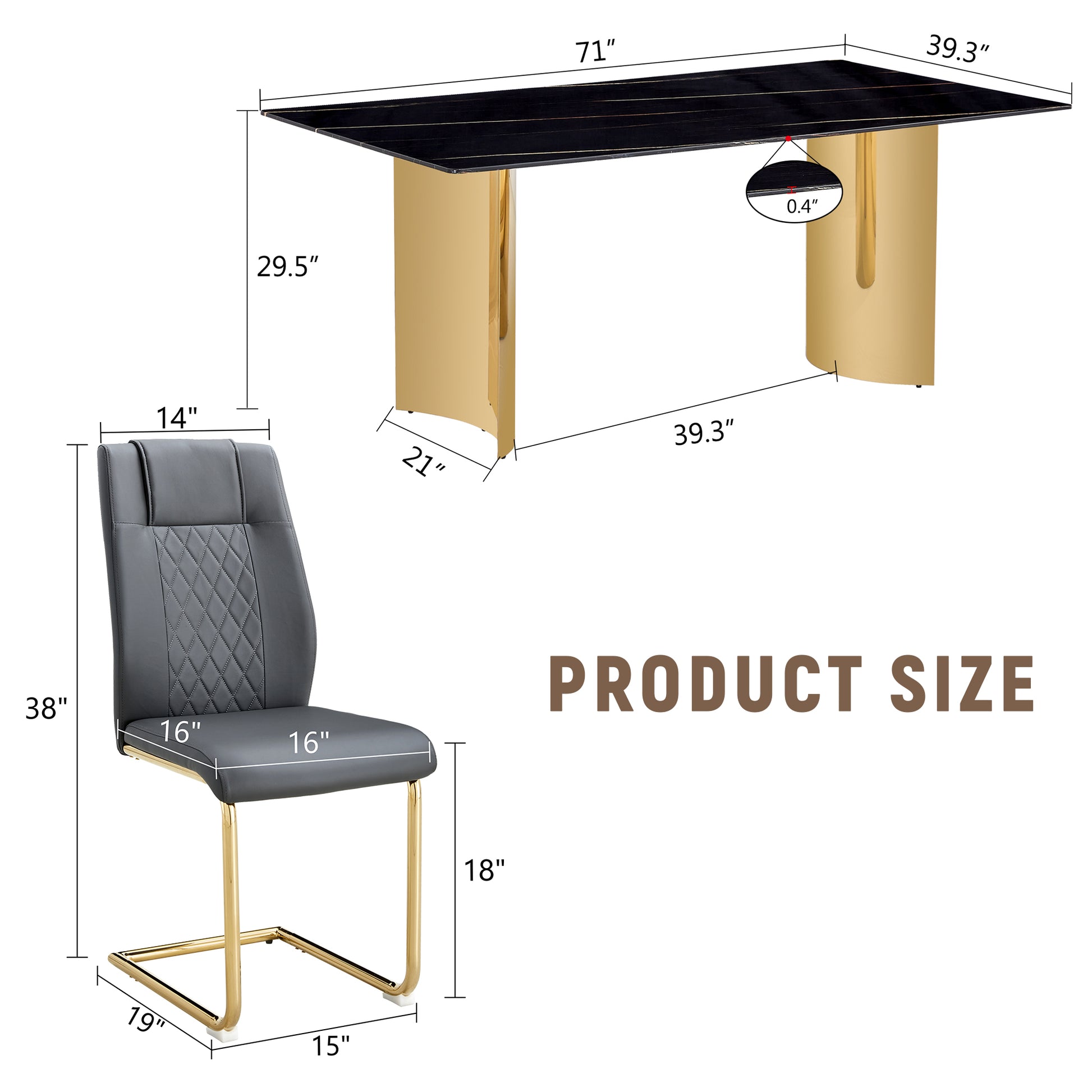 Table And Chair Set.The Table Has A Glass Tabletop With Imitation Marble Pattern Stickers And Stainless Steel Golden Table Legs. Paried With Comfortable Chairs With Pu Seats And Metal Legs. Gold Black Seats 8 Glass Metal